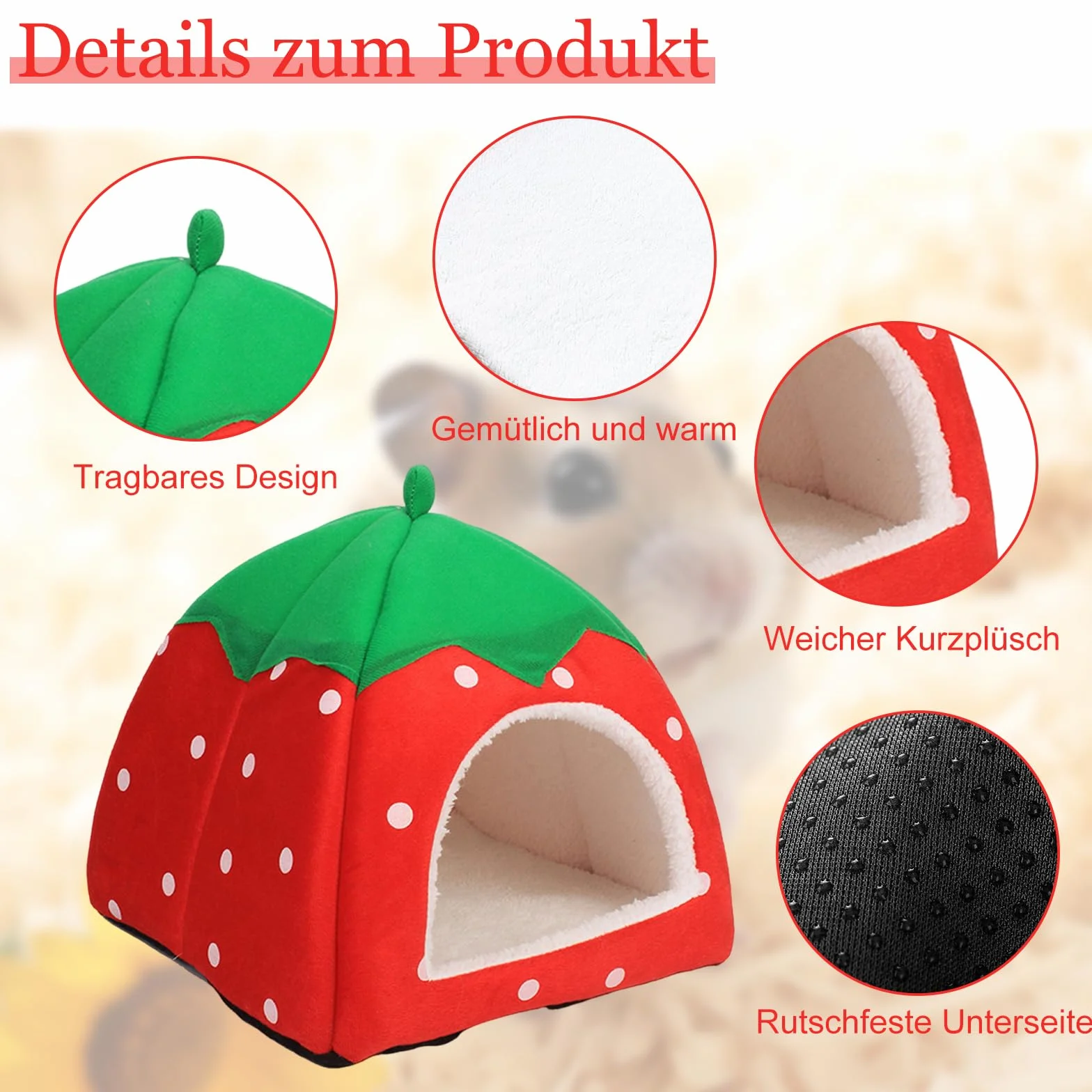 Domek dla świnki morskiej, przytulna jaskinia z wyjmowaną matą, łóżko dla świnki morskiej, szczurów, akcesoria dla królików miniaturowych, chomików, chomików, wiewiórek (24 x 24 cm, czerwony)