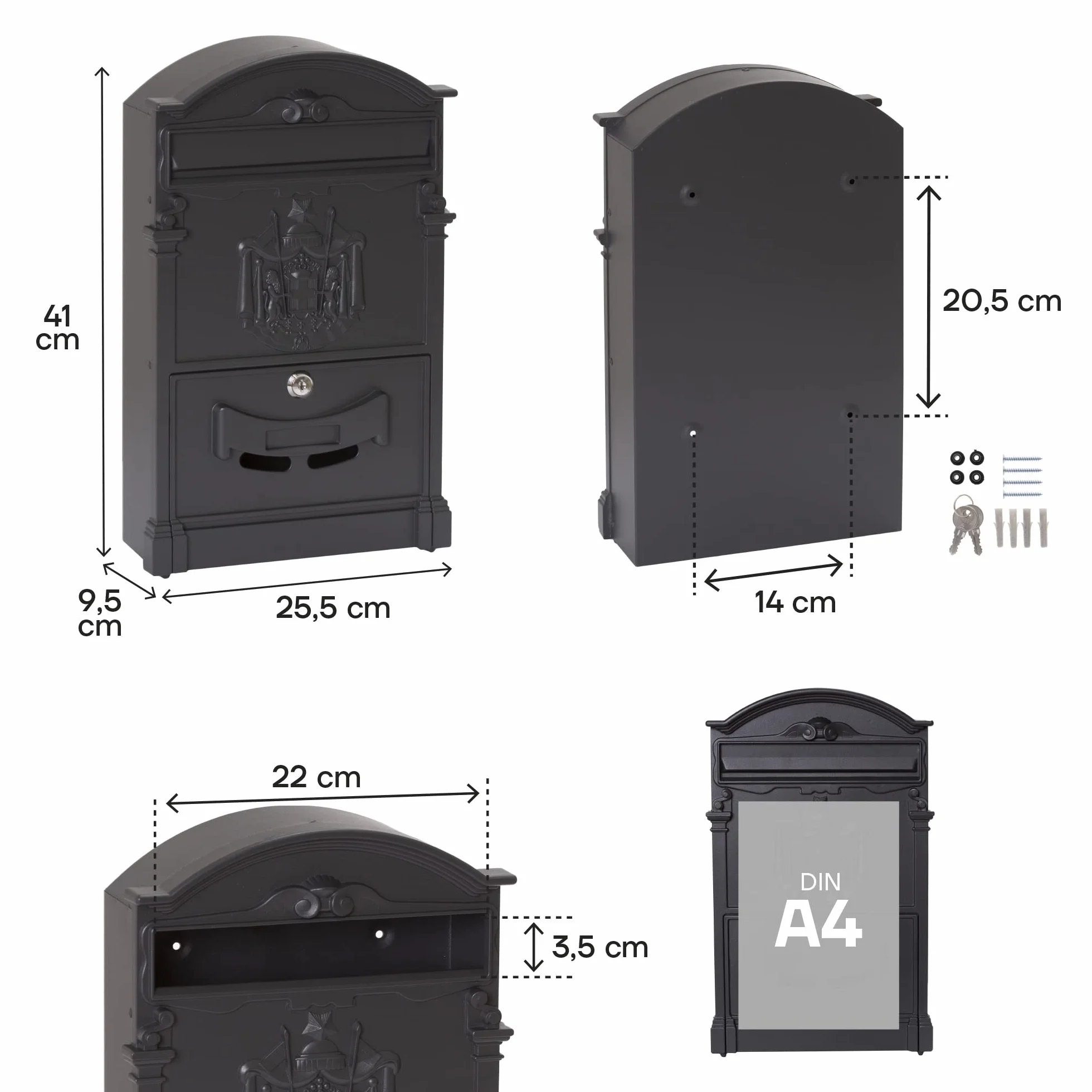 ARREGUI Residencia D-2151/N indywidualna skrzynka na listy z aliminium w klasycznym stylu, rozmiar M (DIN A4), czarna, 42 x 26 x 9 cm