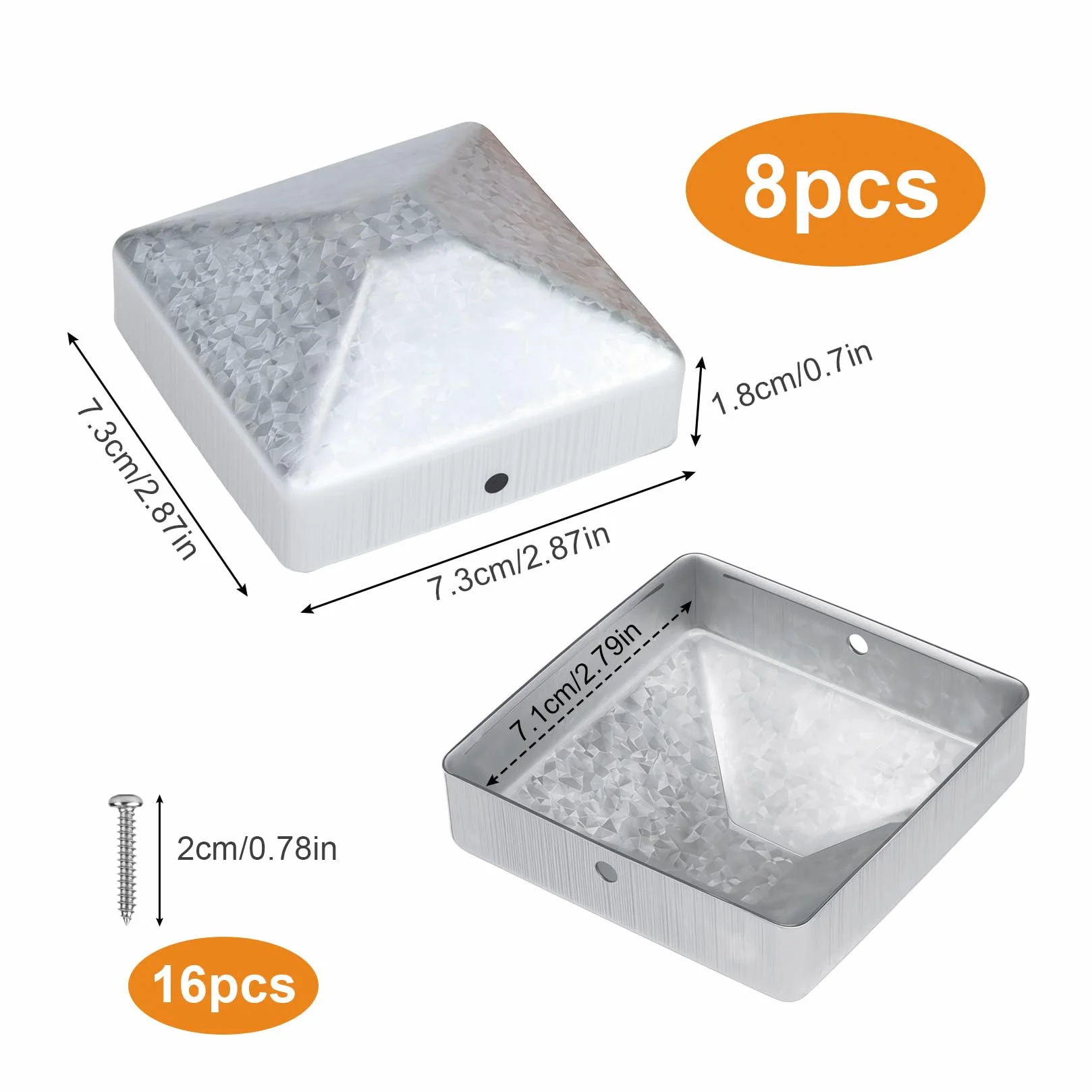 8 szt. Zaślepki na Słupki 7x7cm, Nakładki na Słupki Ogrodzeniowe, Osłony na Drewniane Słupki 7x7cm, Metalowe Osłony, Kwadratowe Kapy na Słupki, z 16 Śrubami