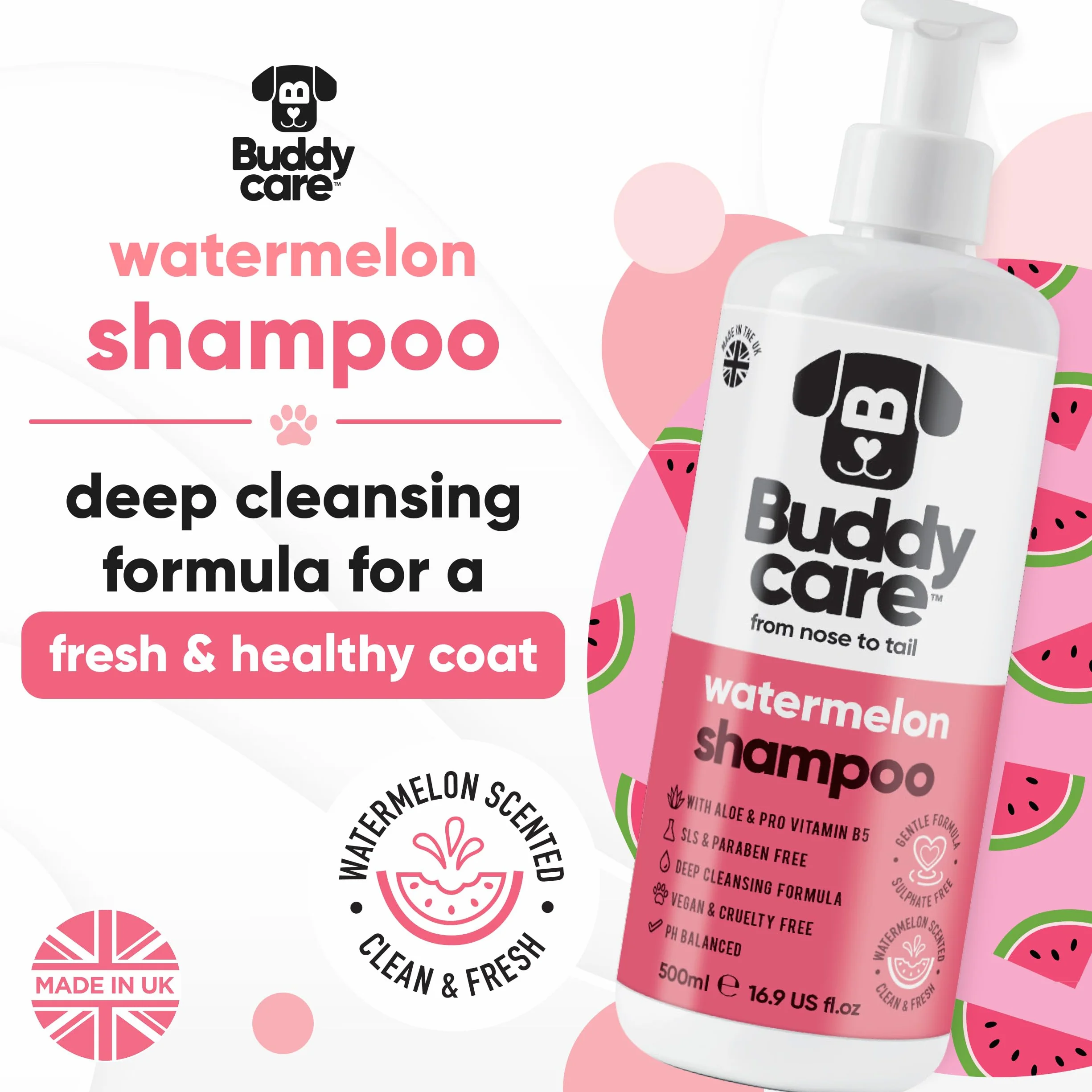 Buddycare szampon dla psów z arbuzem, głęboko oczyszczający szampon dla psów, owocowy zapach, z aloesem i pro-witaminą B5 (500 ml)