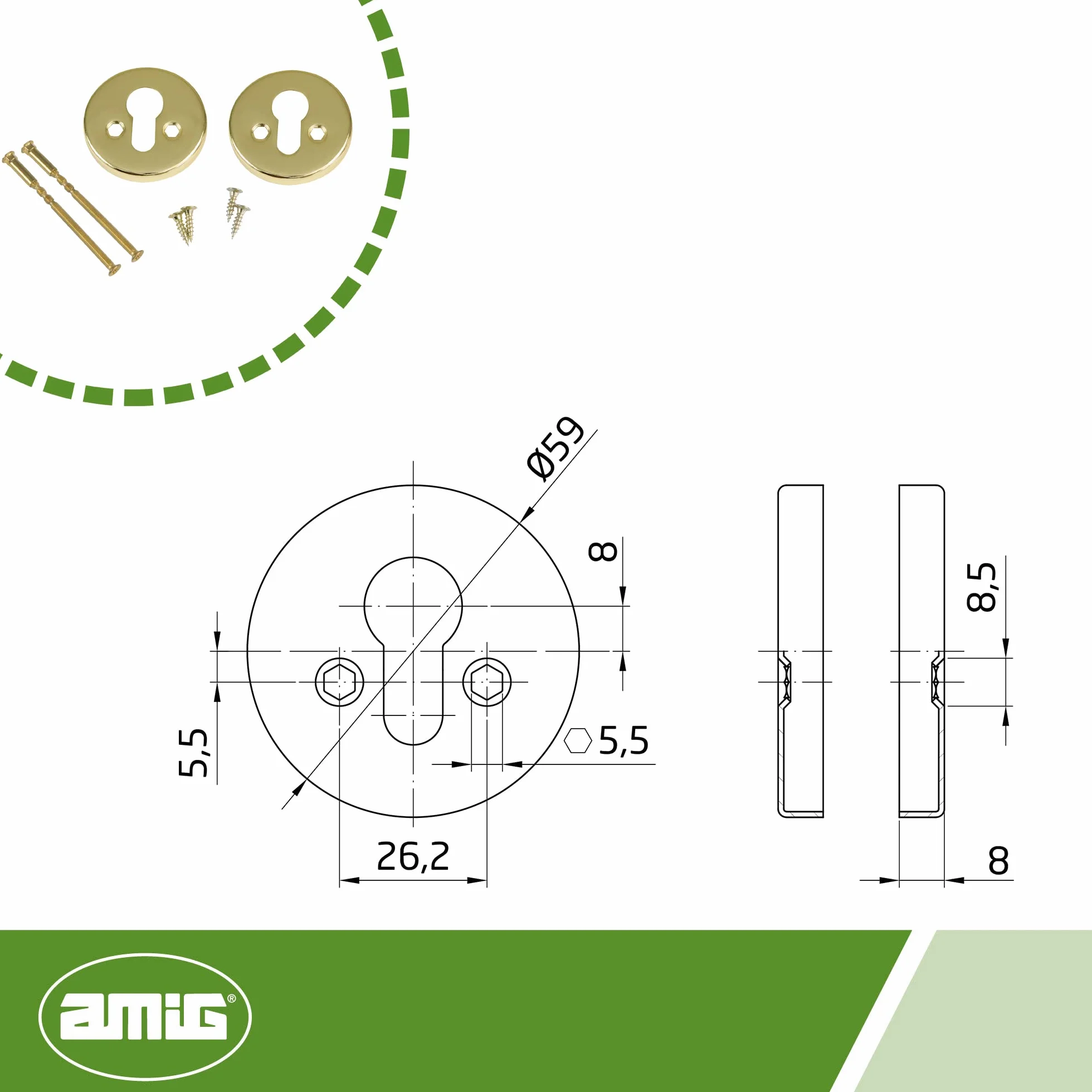 Amig - Zestaw okrągłych dysz do zamków z cylindrem Europrofil, Mod. 25AT - Ø 59 mm - Z 4 śrubami i śrubami przelotowymi - Stal chromowana matowa - srebrna