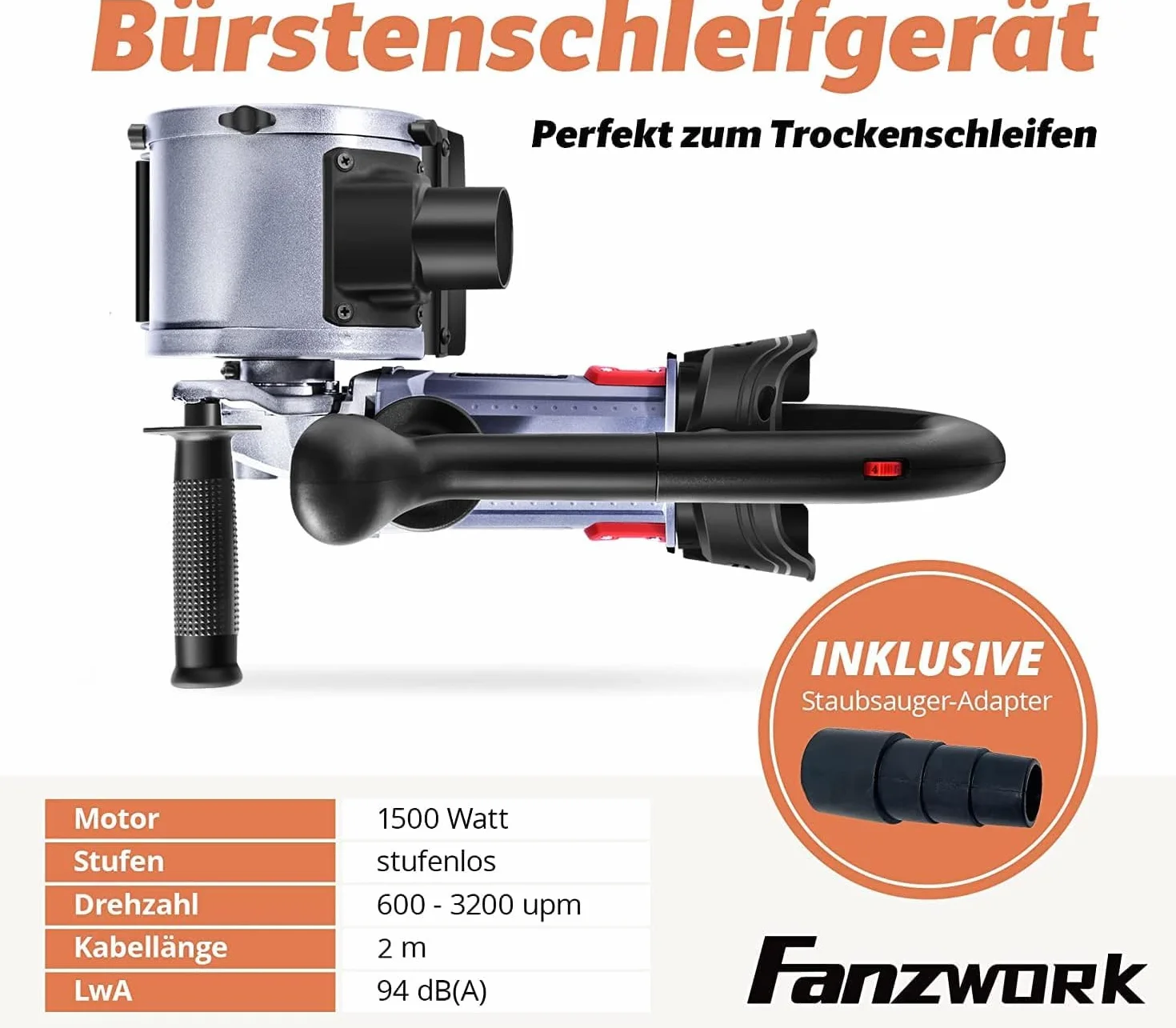 FANZWORK V2 Maszyna satynowa 1500 W z przyłączem odkurzacza, regulacją prędkości