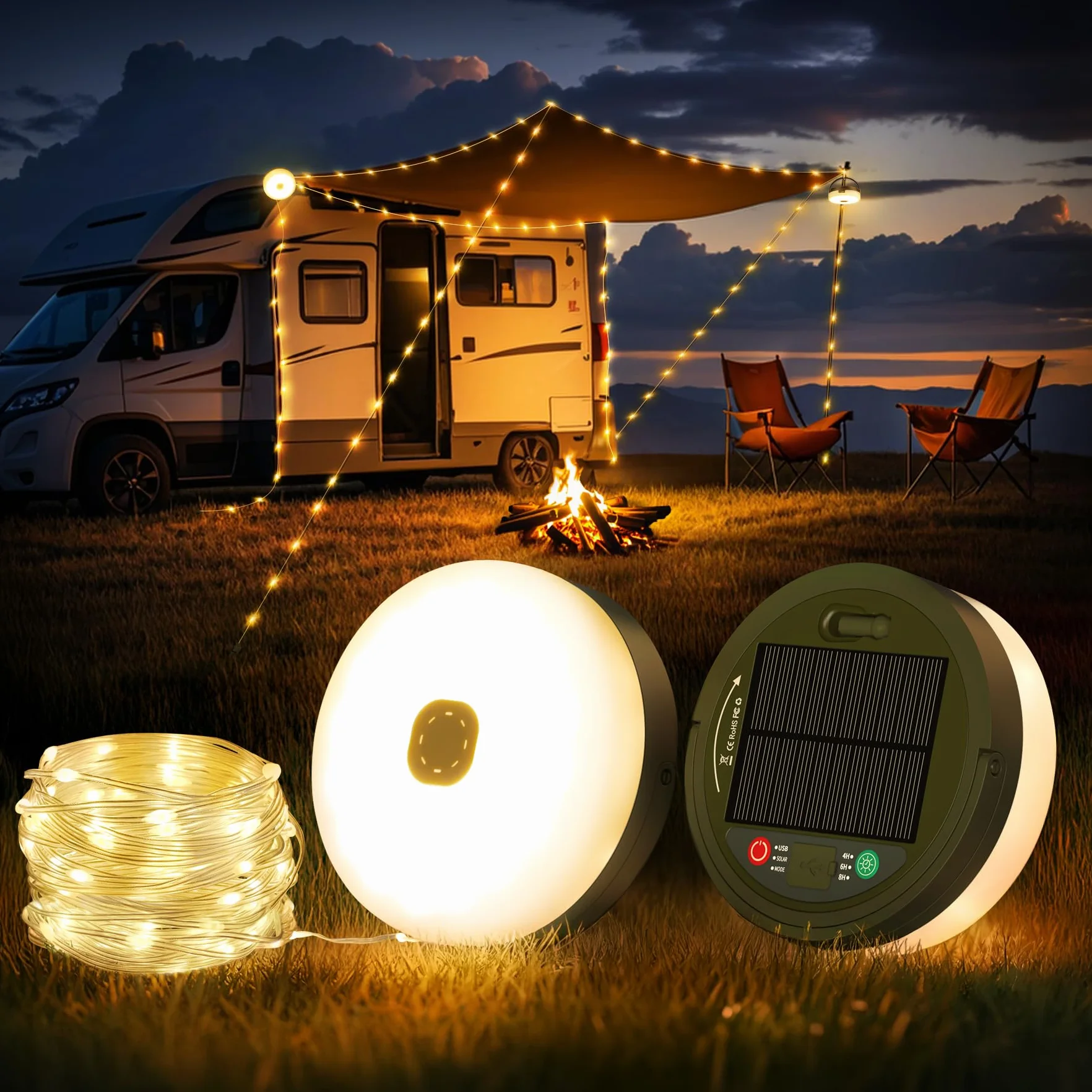 10M kempingowy łańcuch świetlny zwijany, przenośny łańcuch świetlny 3 w 1 zewnętrzny, solarny i USB ładowalny lampa kempingowa z 8 trybami oświetlenia, wodoszczelny łańcuch świetlny LED na zewnątrz