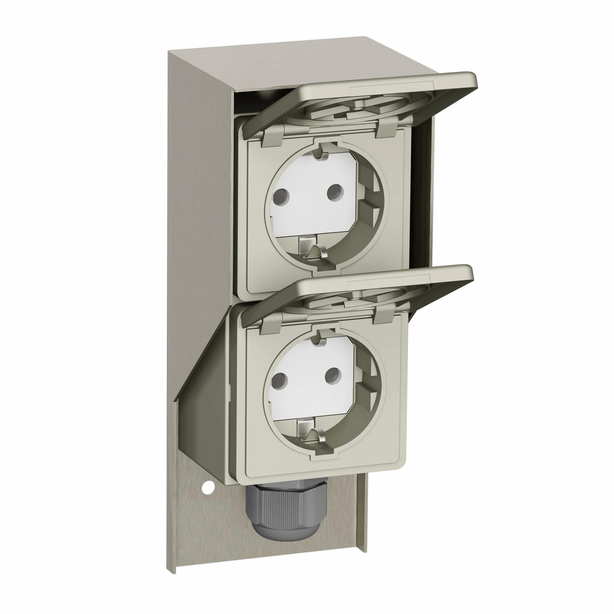 ledscom.de 2 sztuki gniazdek zewnętrznych/do pomieszczeń wilgotnych PIWI, naścienne, IP44, podwójne gniazda z wtyczką Schuko, 16 A/230 V, stal nierdzewna, tworzywo sztuczne, montaż pionowy