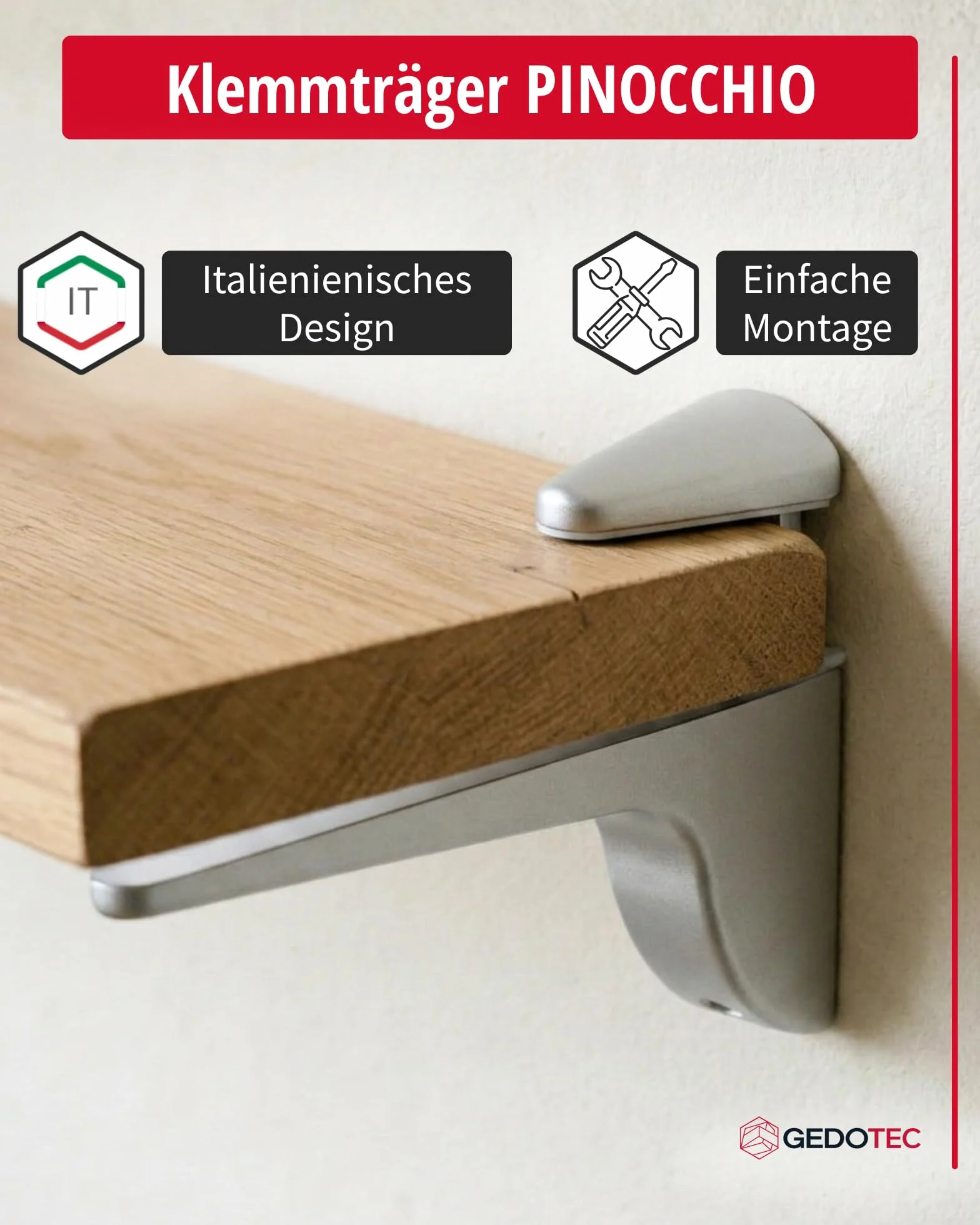 Gedotec Design szklana podpórka do regału – srebrny aluminium | 2 sztuki - podpórka do regału o dużej nośności | PINOCCHIO | Metalowa półka naścienna | Podpórka do półki o dużej nośności z nośnością
