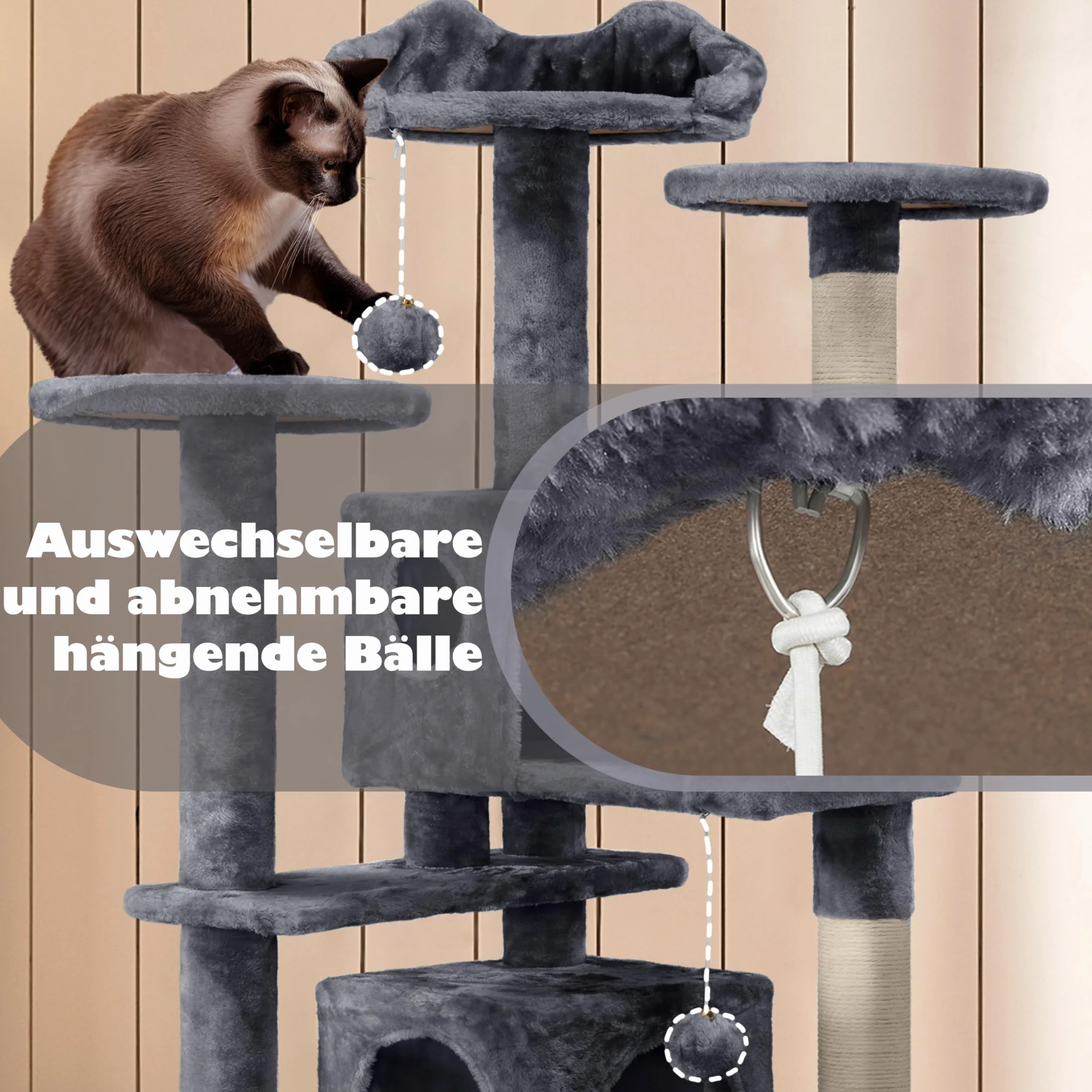 Yaheetech Duże drzewko dla kota, wysokość 139 cm, wielopoziomowa wieża dla kota z 3 kolumnami do drapania, 3 platformami, 2 wygodnymi legowiskami, 2 pluszowymi piłkami, stabilnym obszarem aktywności d