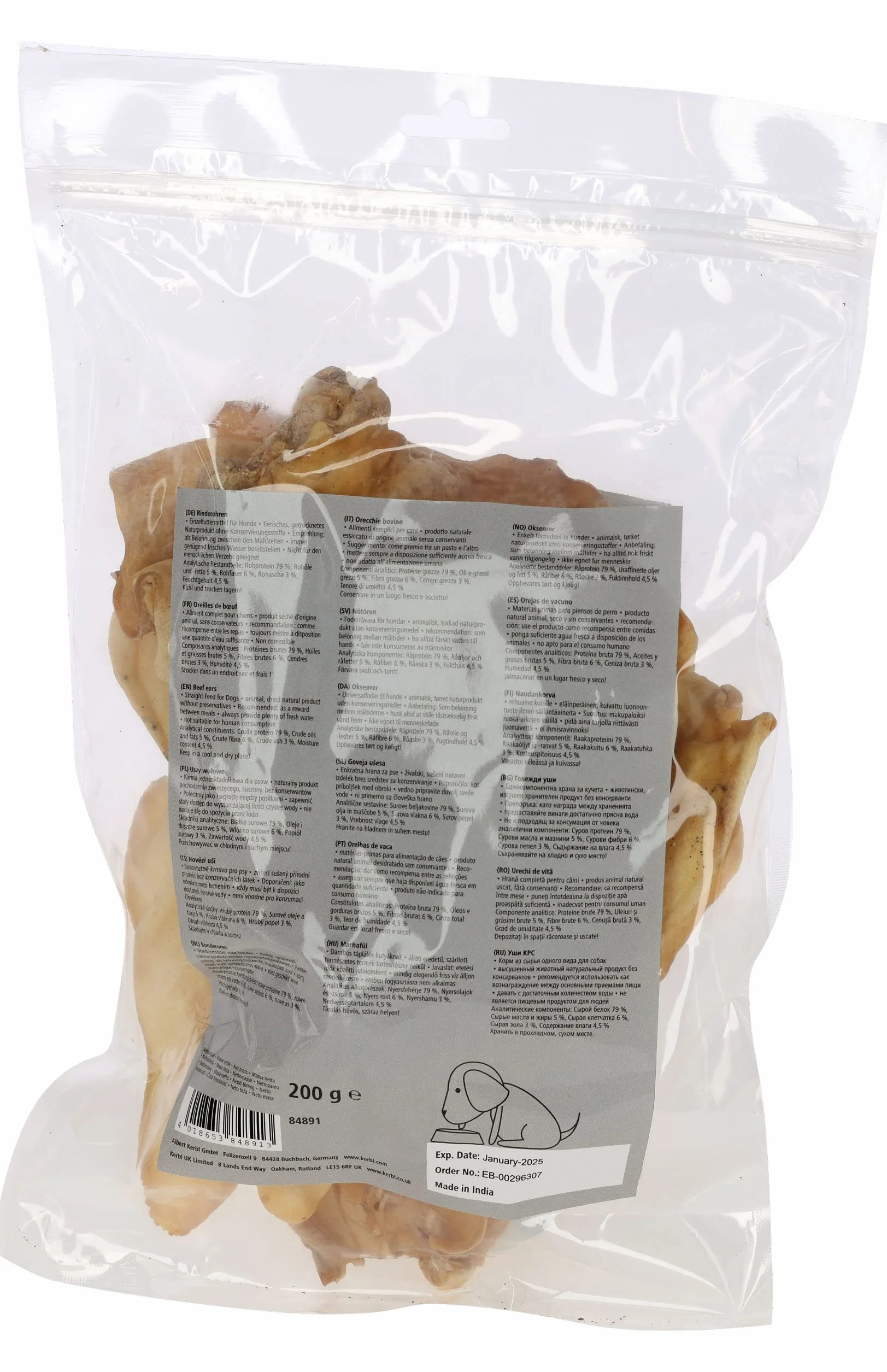 Kerbl Pet Uszy Wołowe, 100% Naturalne, Niskotłuszczowe, bez Dodatków, Czyści Zęby, Wzmacnia Mięśnie Żucia, Niski Zapach, dla Wszystkich Ras Psów
