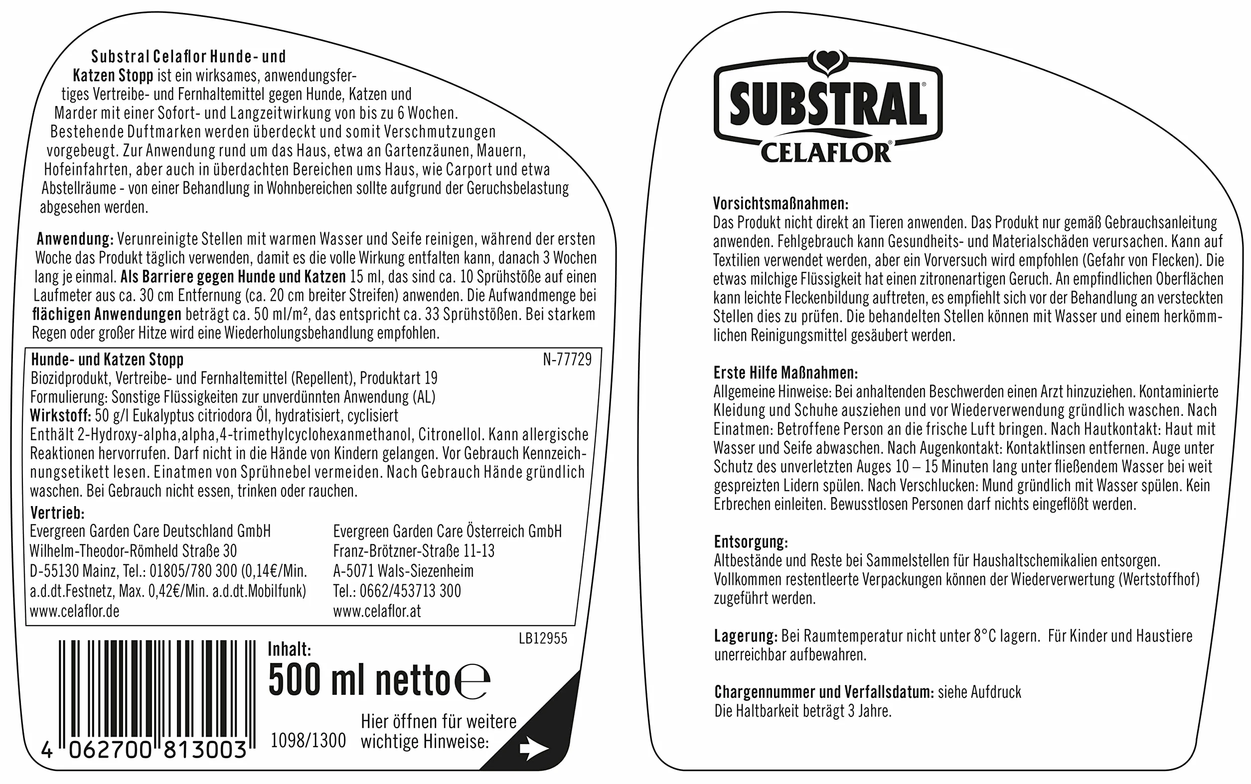 Substral Celaflor Stopp dla psów i kotów, 500 ml - spray do obrony, odstraszania i odpychania, z natychmiastowym działaniem