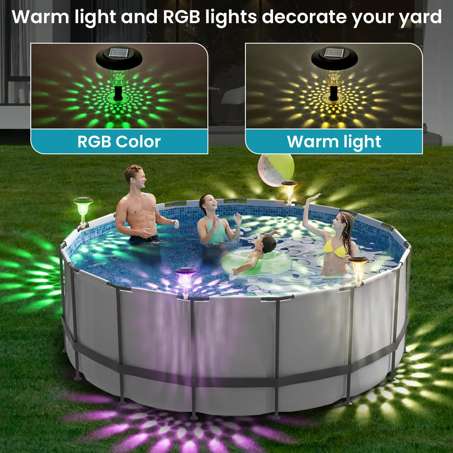 BITIWEND 2PCS Oświetlenie basenu LED 8H RGB/ciepłe białe światło IP65 wodoodporne oświetlenie nocne basenu oświetlenie stawu słonecznego do basenu ogrodowego, basenu naziemnego, basenu pływackiego