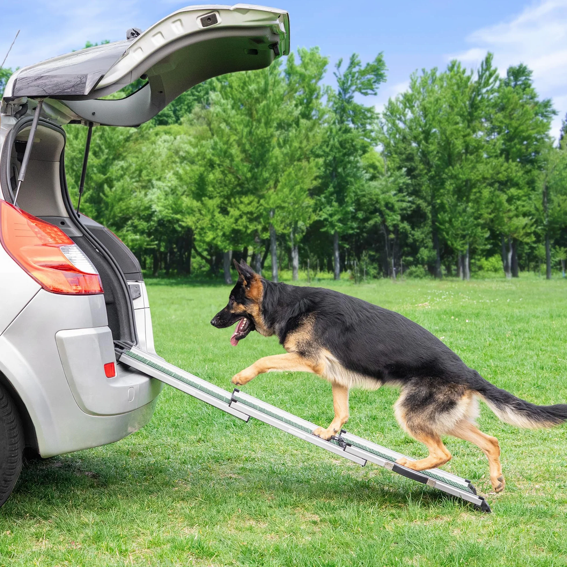 Samochodowa rampa dla psów składana – stabilna i antypoślizgowa drabina dla psów do samochodu i SUV-a, obciążenie do 90 kg, teleskopowa, aluminiowa rampa dla dużych psów, odblaskowe boki, schody dla