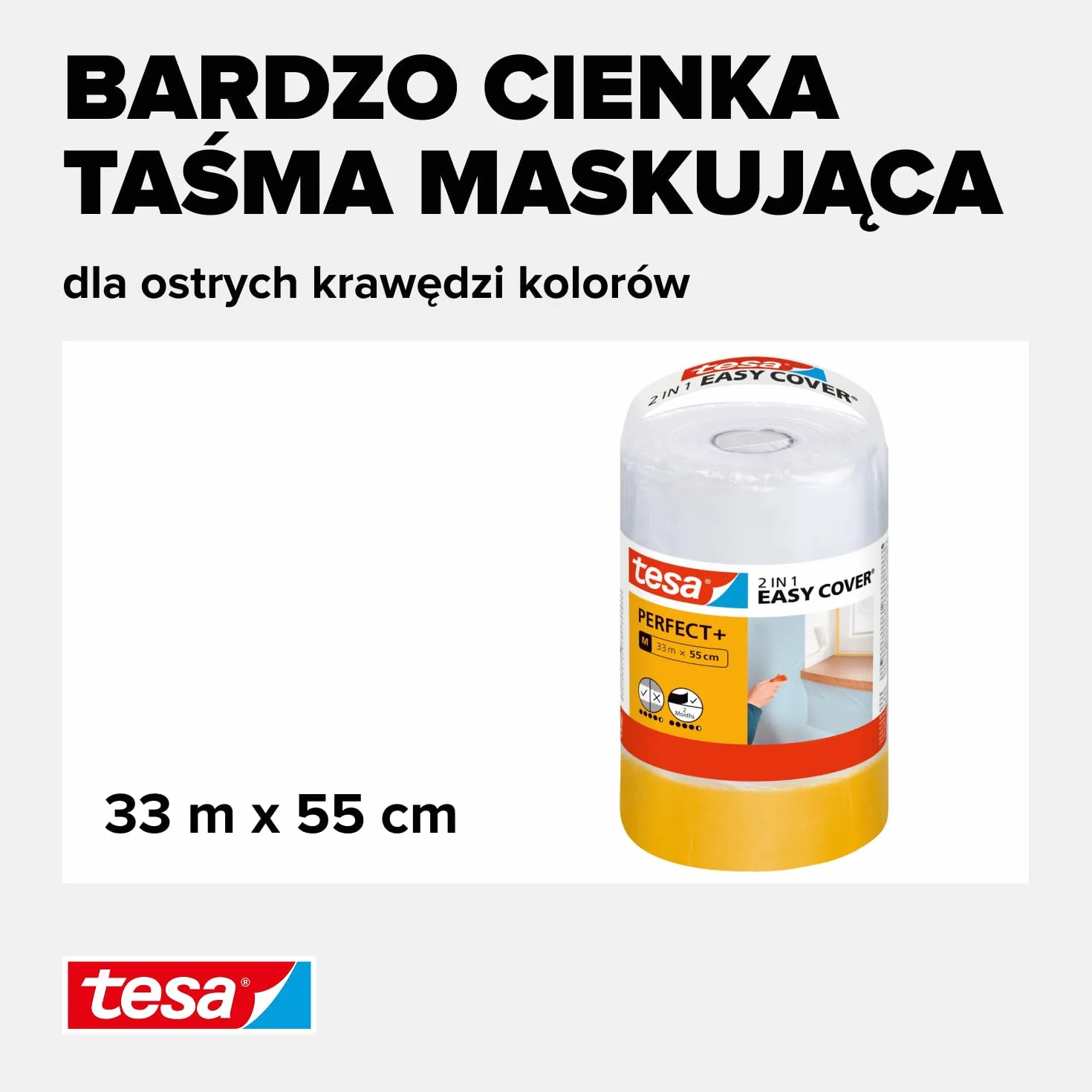 tesa Easy Cover Perfect+ Wkład M - folia malarska 2w1 z taśmą malarską washi - do maskowania i ochrony podczas malowania - 33m x 55cm