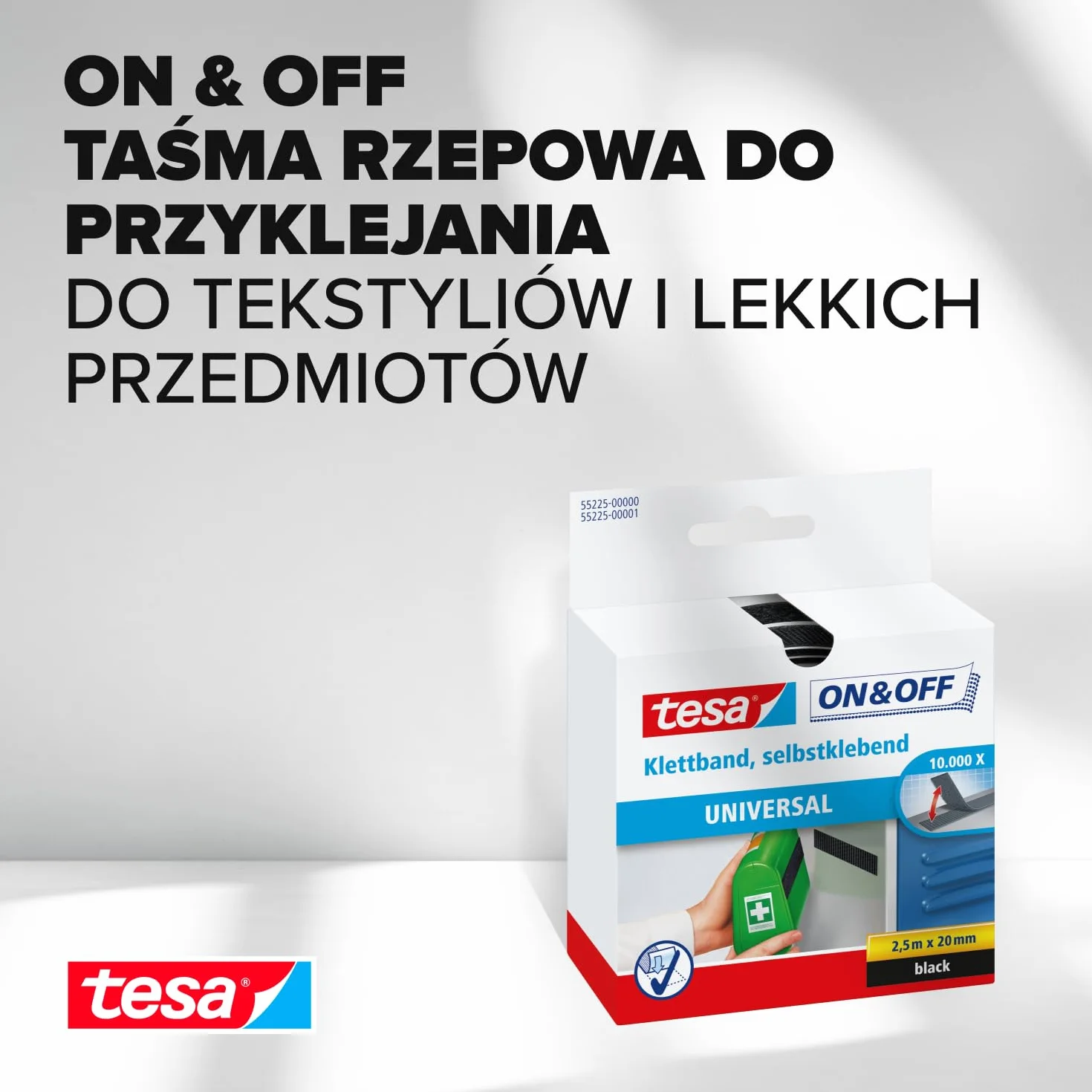 tesa On & Off taśma na rzep do naklejania – samoprzylepna taśma na rzep do mocowania lekkich przedmiotów – czarna, 2 cm x 250 cm