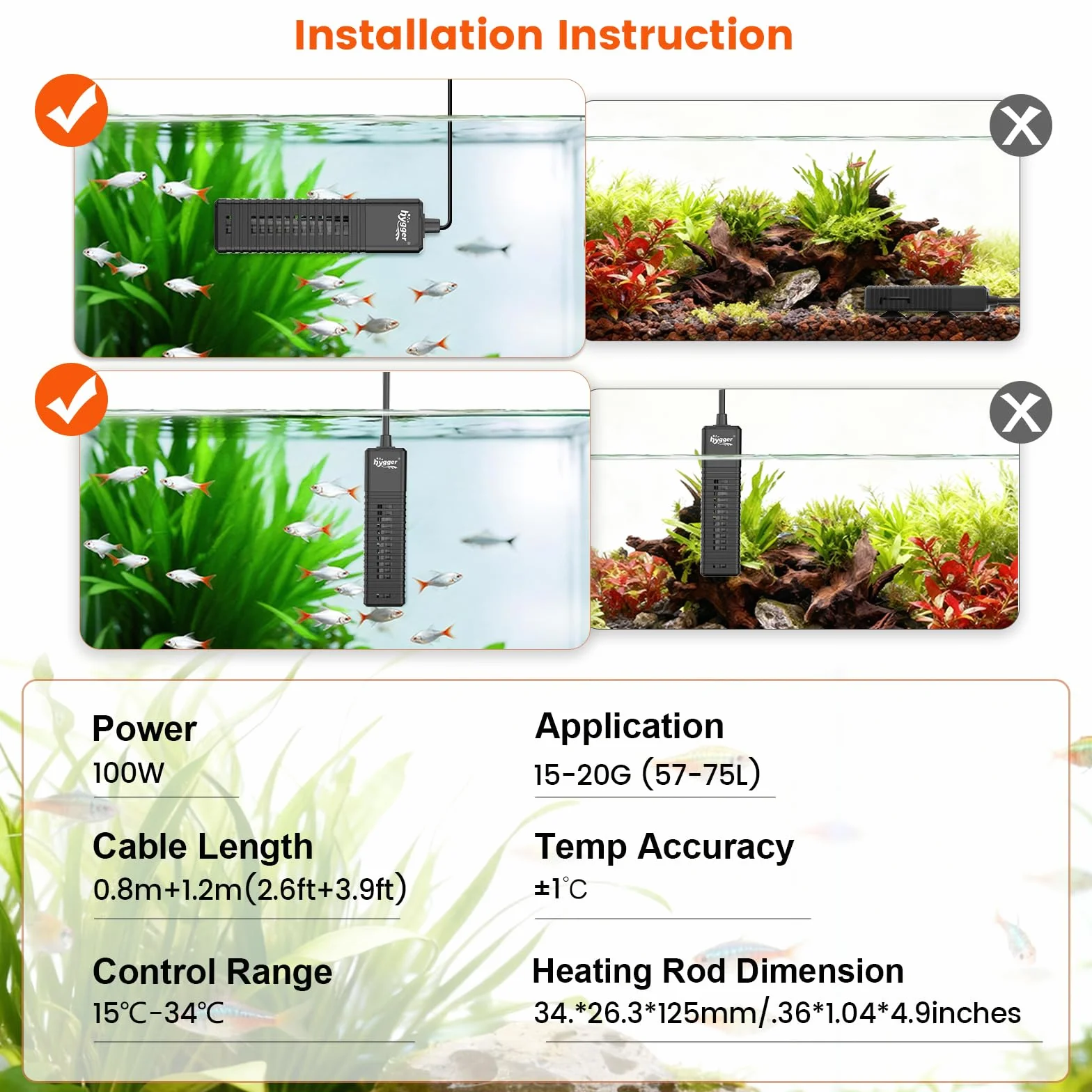 hygger Podgrzewacz do akwarium 100W cyfrowy z regulatorem temperatury do zbiorników 57-75L