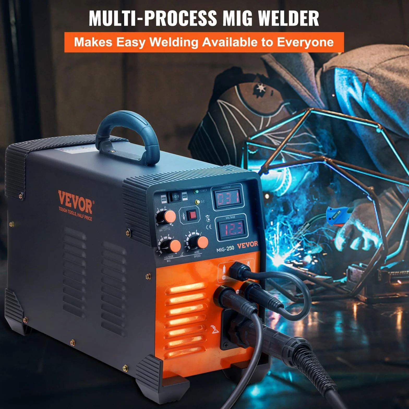 VEVOR Spawarka MIG/MMA/TIG 3 w 1 50–250 A, spawanie drutem wypełniającym (0,8 mm i 1 mm), technologia IGBT 2,2-12 m/min, prędkość drutu 5,6 kVA, znamionowa moc wejściowa, stopień ochrony IP21S