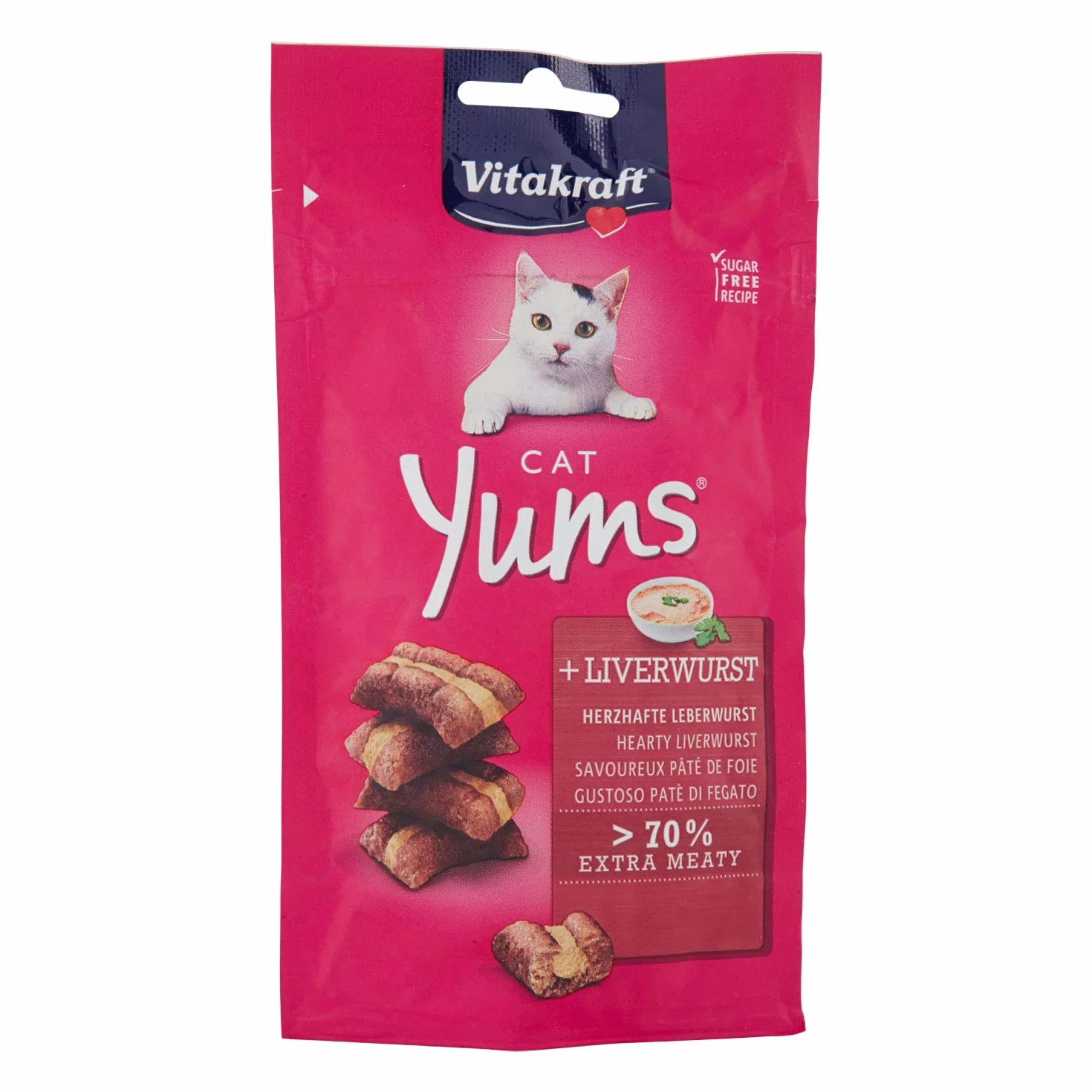 Vitakraft Cat Yums, przekąska dla kota z serdeczną kiełbasą wątrobową, ekstra mięsista, z widocznym wypełnieniem, w zamykanym woreczku, bez dodatku cukru i zbóż (1 x 40 g)