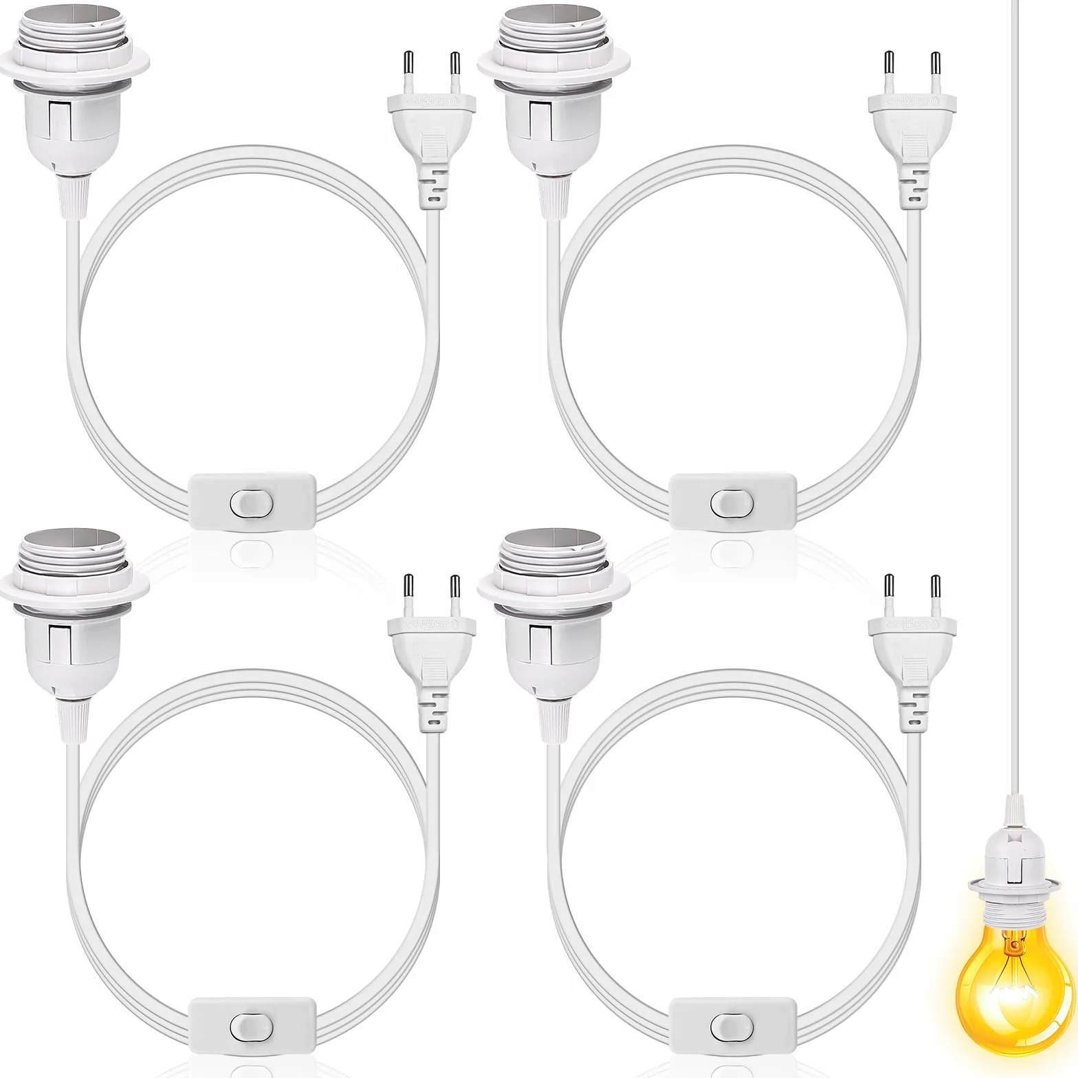Leikurvo Zestaw 4 oprawek E27 z przełącznikiem i wtyczką EU, oprawka E27 z kablem 3 m, przełącznik śrubowy, adapter do gniazdka, stojak lampy do kuchni, salonu, biura, pokoju dziecięcego (białe)