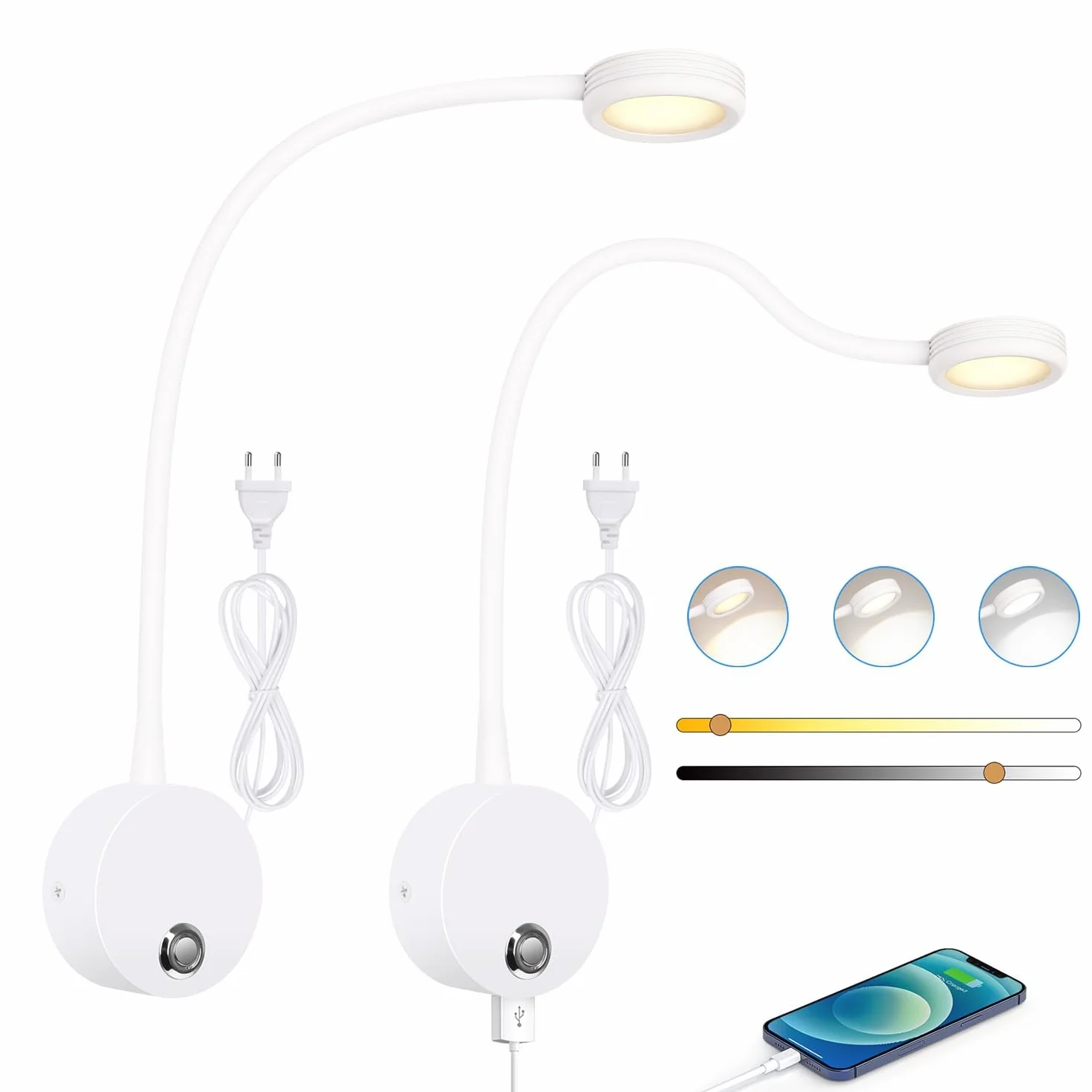 ERWEY 2 lampki do czytania na ścianie, czytnik nocny z przełącznikiem dotykowym 3000-6000 K, port ładowania USB, 4 W obrotowy czytnik do łóżka z gniazdem i kablem do sypialni (biały)