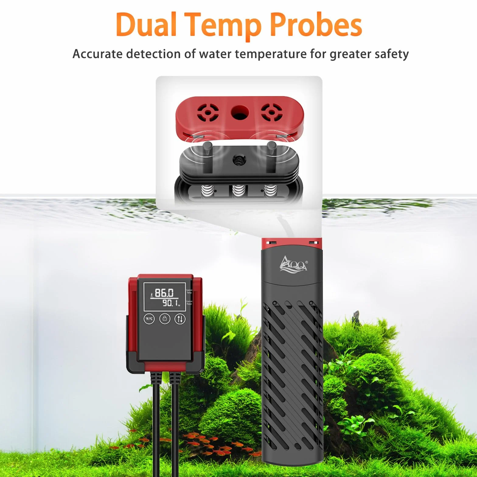 AQQA Grzejnik do akwarium, 200 W, PTC, grzałka do akwarium z termostatem, regulowana temperatura, grzejnik do akwarium z zewnętrznym wyświetlaczem LED, ogrzewanie akwariowe do 75-250 l