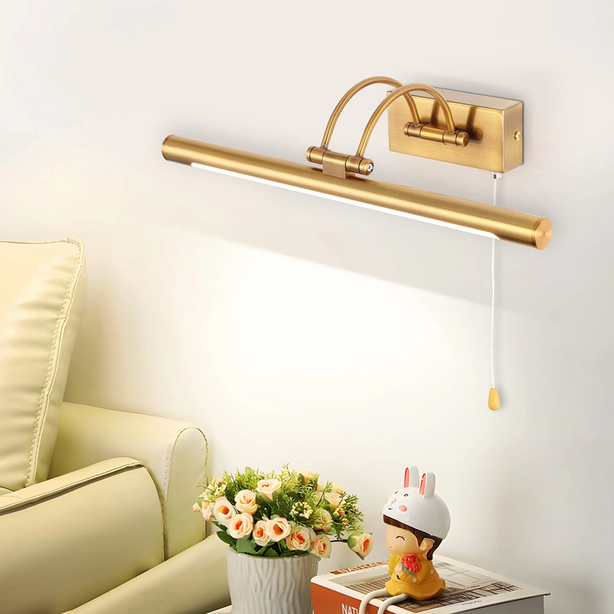LED 8W IP44 Lustrzana lampa ścienna Oświetlenie łazienkowe Mosiężne oświetlenie wewnętrzne Z przełącznikiem 40cm 3000K Kinkiety do obrazów i gablot Regulowane ramię Lampy do czytania