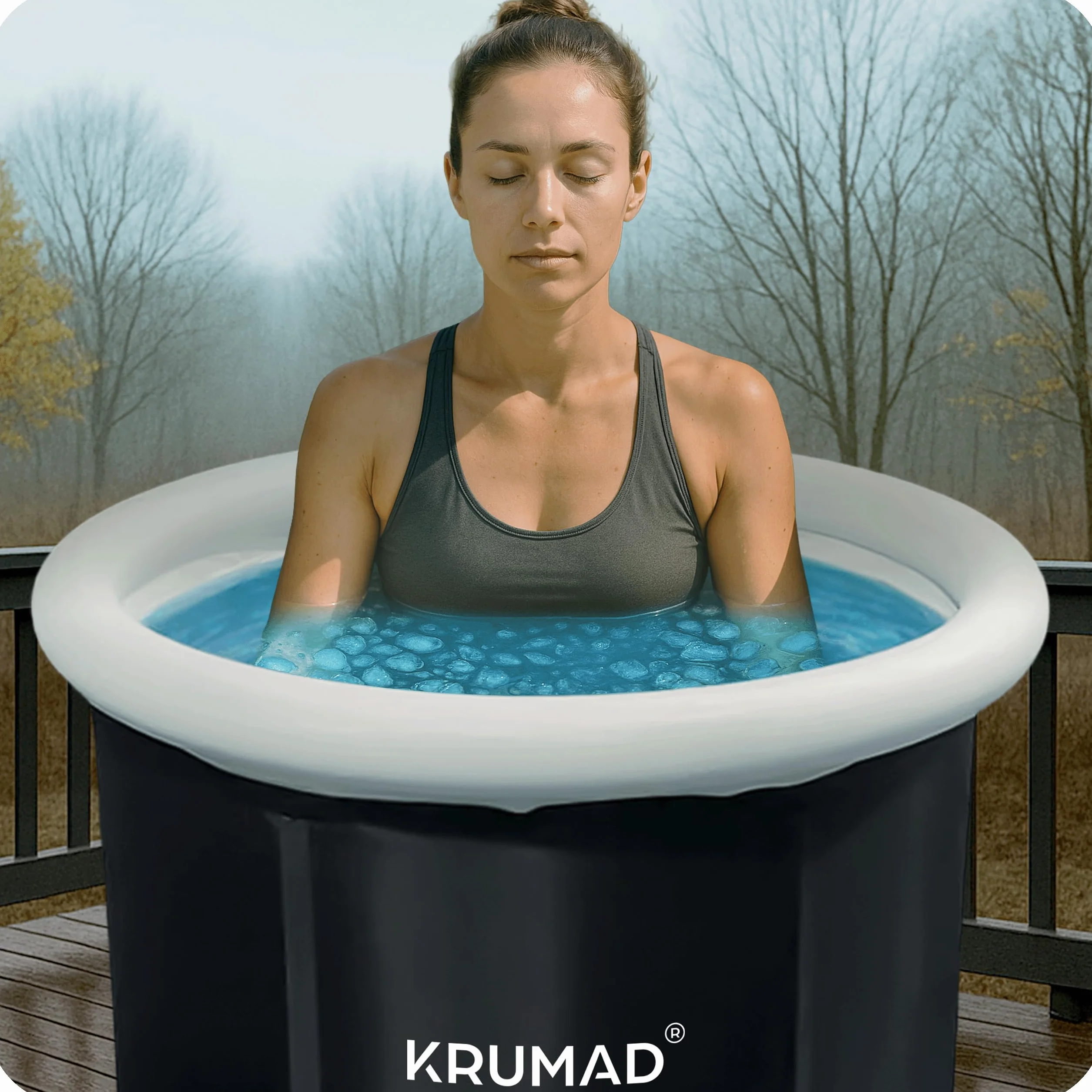 KRUMAD Beczka do morsowania 320 L – Składana wanna do zimnych kąpieli – Odporna na mróz i UV, z pokrywą, zaworem i wspornikami – Przenośna wanna lodowa do regeneracji, terapii i relaksu