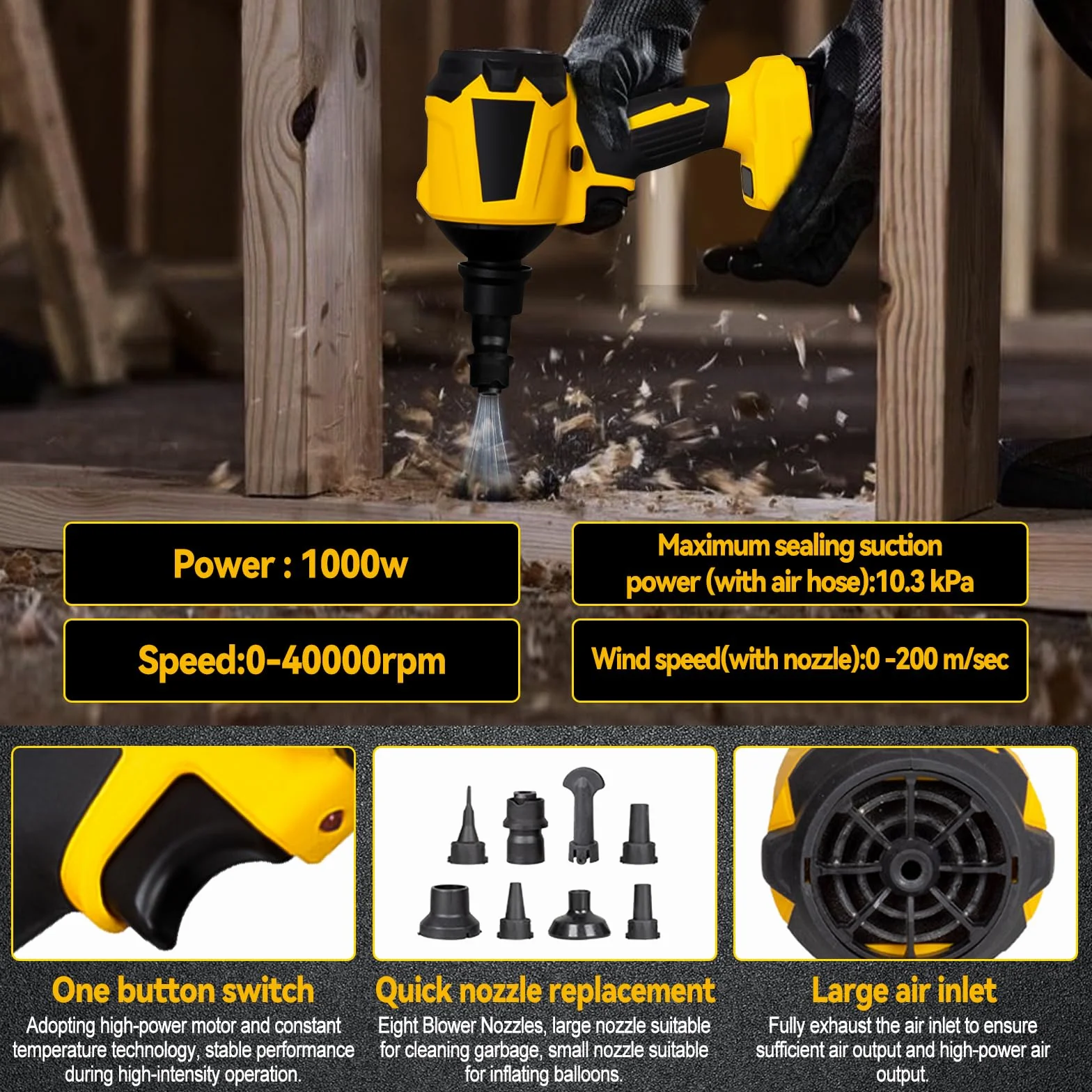 Dewalt bezprzewodowa dmuchawa 20V 1000W 40000 obr/min LED 8 dysz