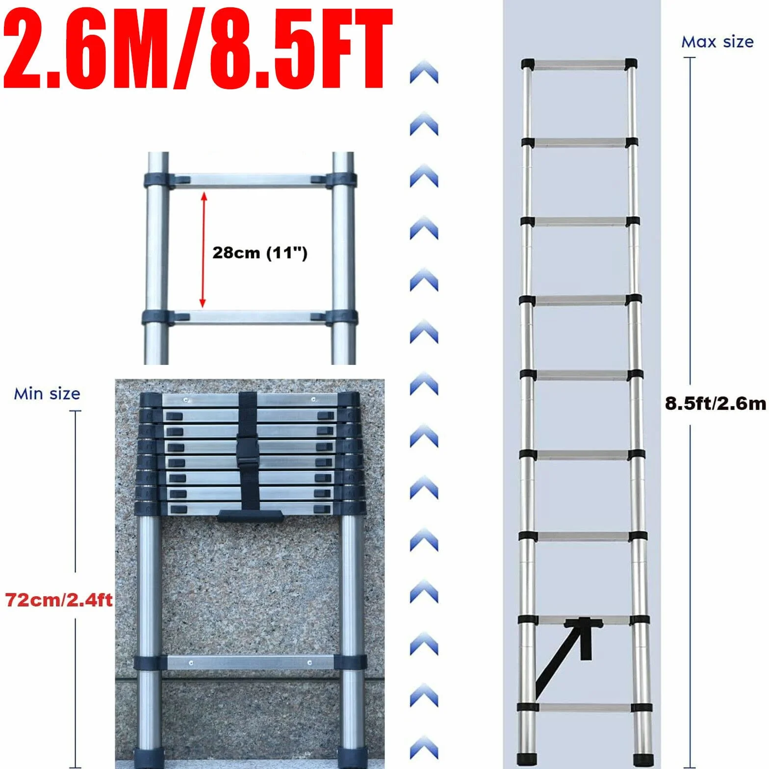 Drabina teleskopowa 2,6 m 9 szczebli antypoślizgowa składana stalowa 150 kg 72-260 cm
