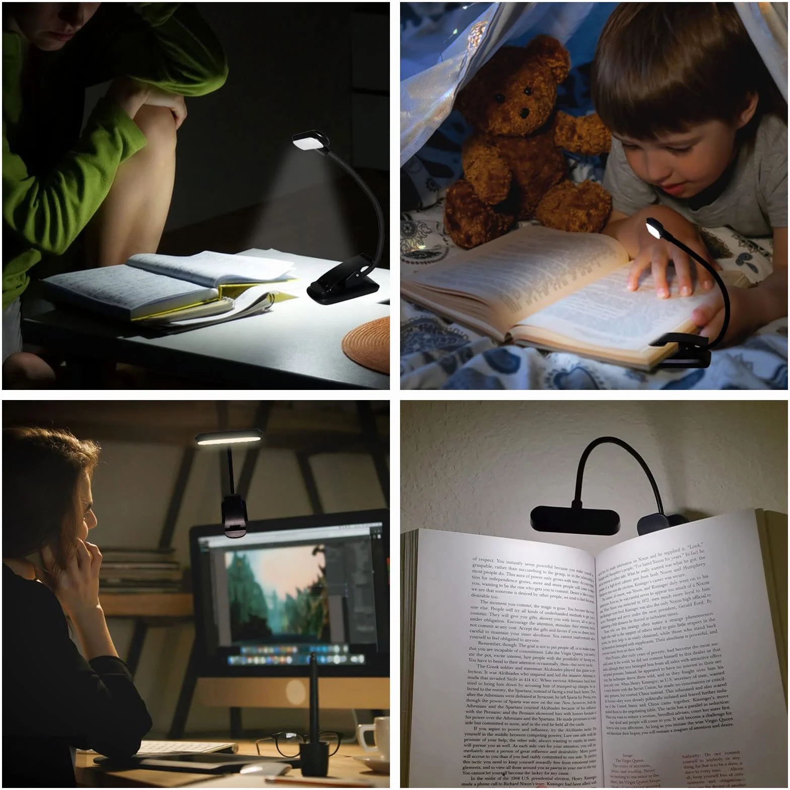 Caldarax Światło do czytania ze szczypcą, lampa do czytania USB z 9 diodami LED, 3 temperatury kolorowe, bezpoziomowe ściemnianie, przenośne, do czytania nocnej książki, przenośne, dzieci(czarny)