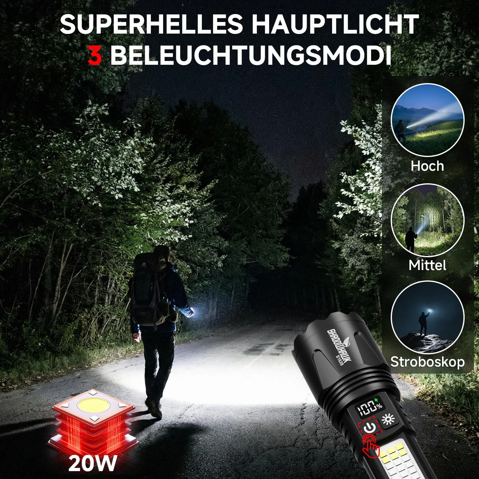 Shadowhawk Latarka LED USB ładowana na baterie