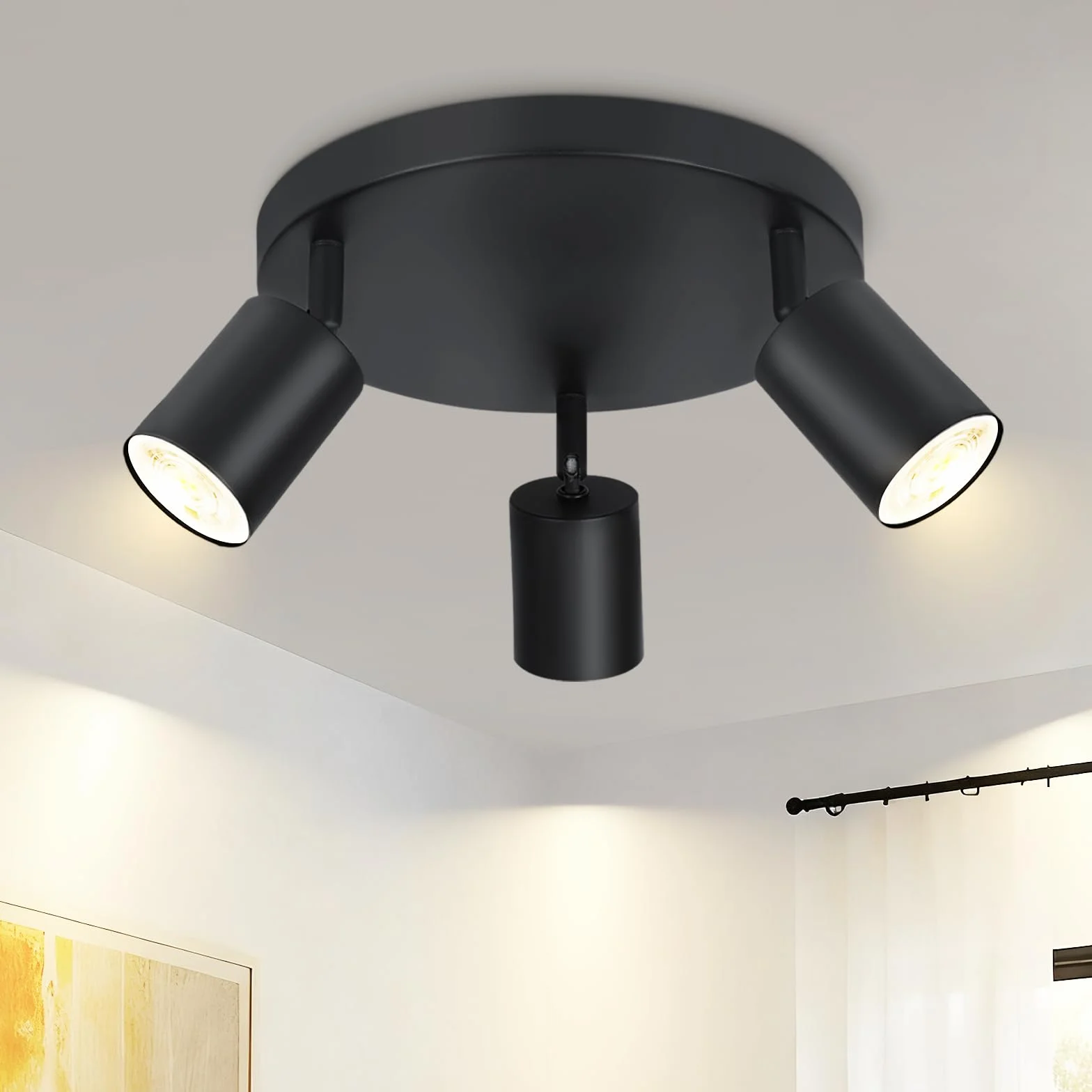 Lampa sufitowa GU10 czarny okrągły 3 płomienie metalowa Swivel Design do salonu sypialni kuchni