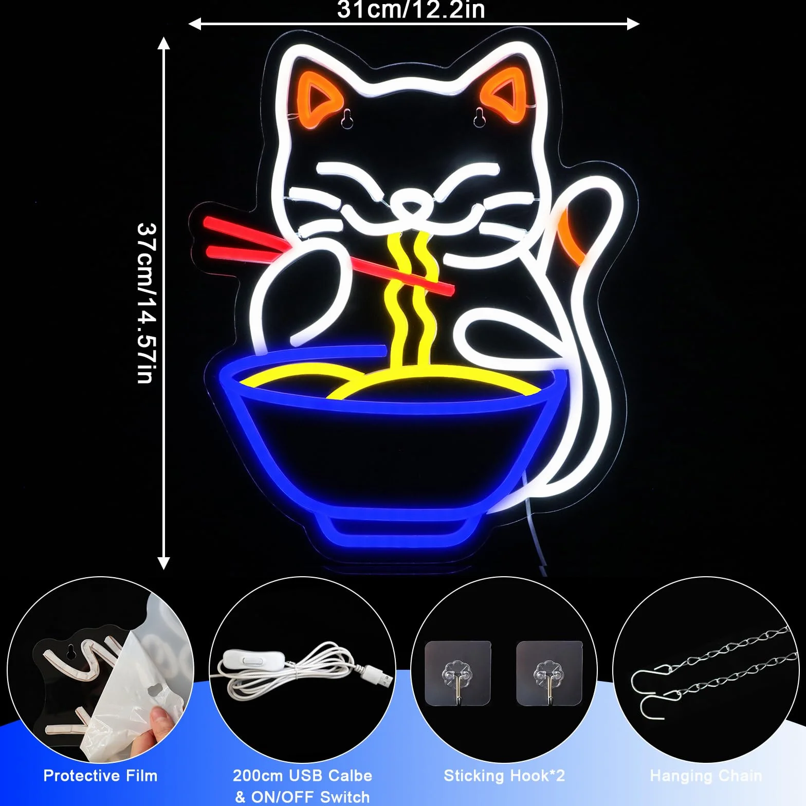 Kot Okna Znak świetlny Neon Kolorowy LED Neonowy Znak Ścienny Kot Makaron Neonowy Znak Makaron LED Restauracja Sklep Okna Kuchnia Przekąski Bar Salon Jadalnia Brunch Party