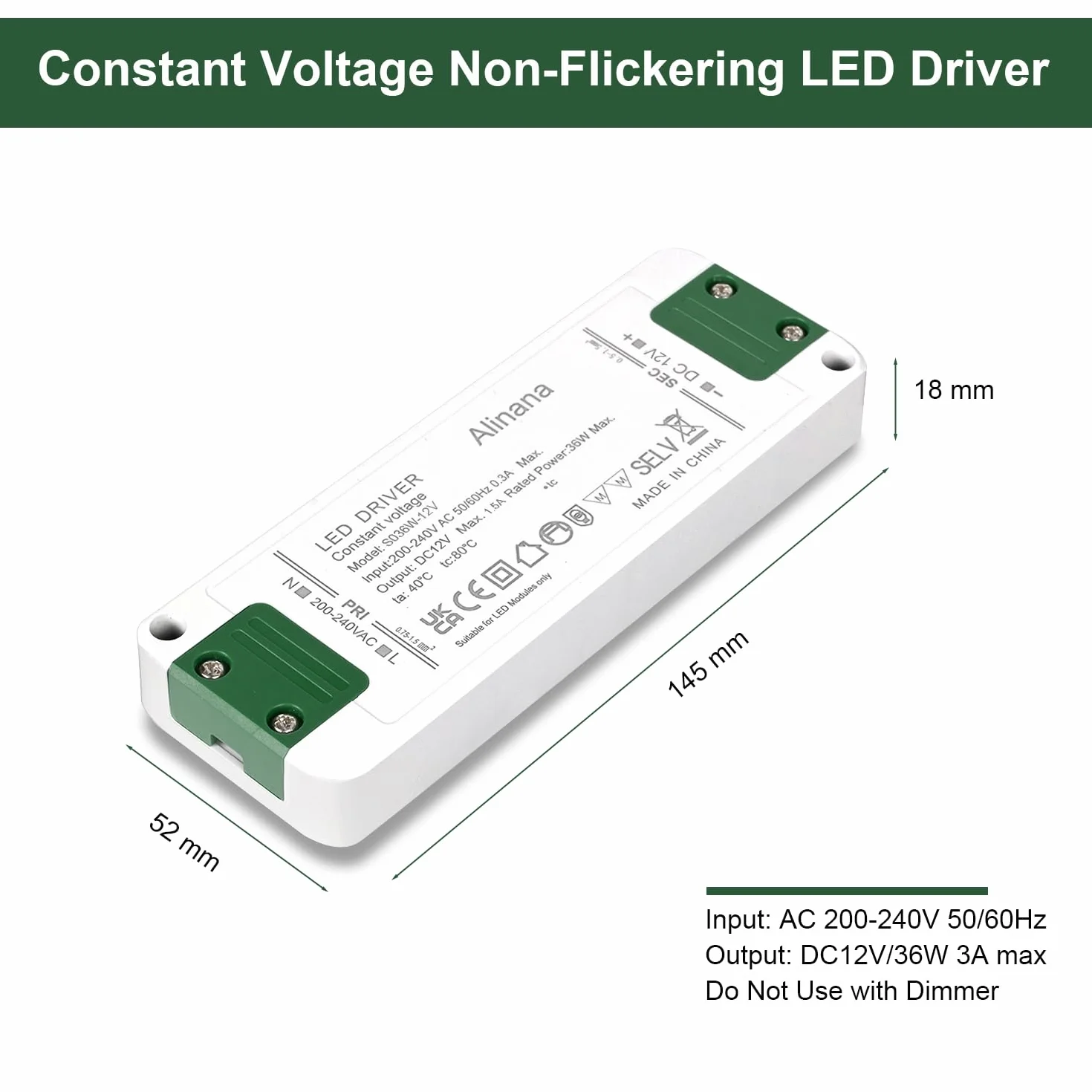 Transformator LED 230V na 12V, Zasilacz LED o Stałym Napięciu 0-36W 3A, Ultracienki Transformator 230V na 12V, Sterownik LED do Zarówek LED MR11 G4 MR16 GU5.3