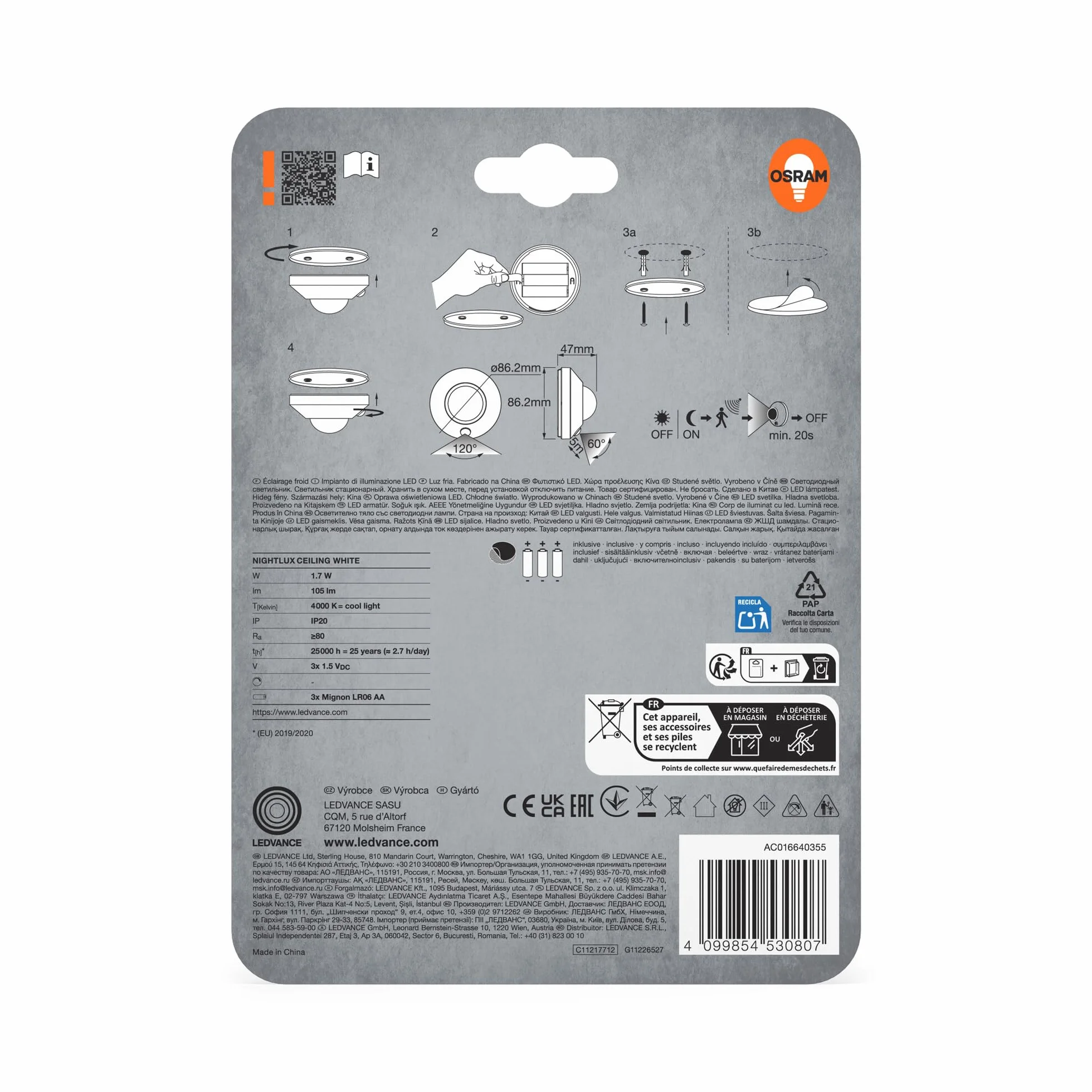 OSRAM Lampa sufitowa NIGHTLUX, biała, czujnik ruchu, IP20, zasilana bateryjnie, 4000 K zimna biel, idealna do korytarzy, schodów i wnętrz