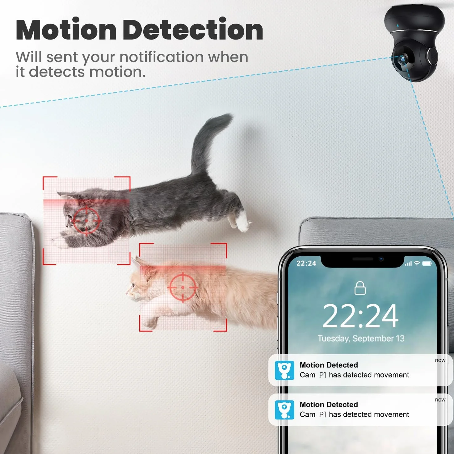 Little Elf Smart Kamera Monitoringowa 2K 360° z Czujnikiem Ruchu, Widoczność w Nocy, Dwukierunkowe Audio, Wi-Fi IP dla Psów, Kompatybilna z Alexa