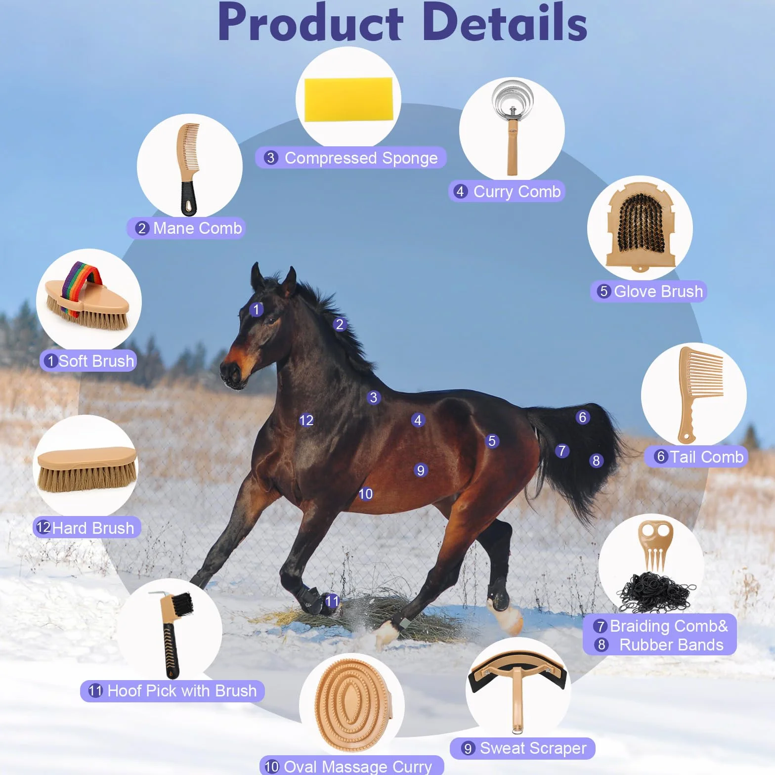 13-częściowy zestaw do pielęgnacji koni z 12 akcesoriami i 1 torbą do przechowywania, seria Horse Care Żółty, Szczotki dla koni, Szczotki z włosia, pielęgnacja koni