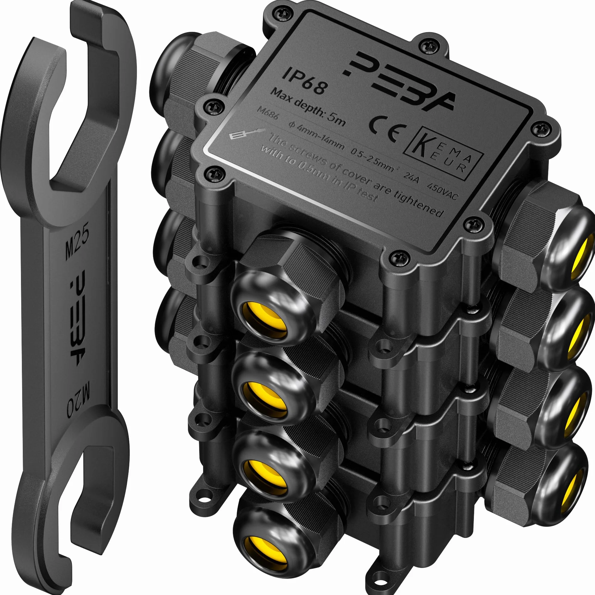 PEBA® IP68 Zewnętrzna Wodoszczelna skrzynka rozgałęźna 3-drożne Wodoodpornych puszek rozgałęźnych, Puszka przyłączeniowa, Wodoodporne złącze kablowe,na Ø 4-14mm ogrodu przyłączeniowa, Czarny 4pcs