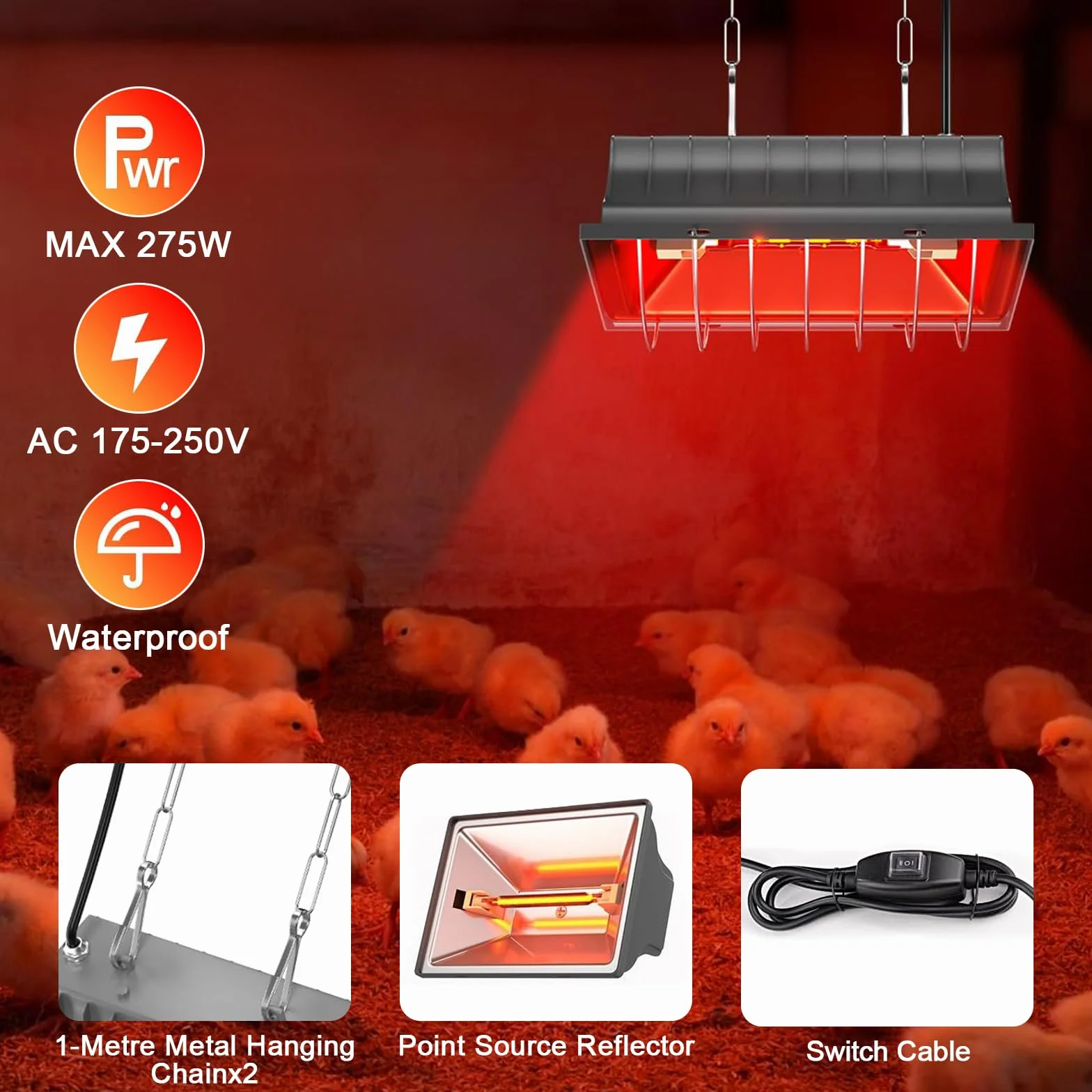 250 W Podgrzewacz do kurnika, lampa na podczerwień, wodoodporny ocieplacz zimowy, termostat drobiowy z regulowanym dla piskląt, szczeniąt, kotów, świń, psów i gadów