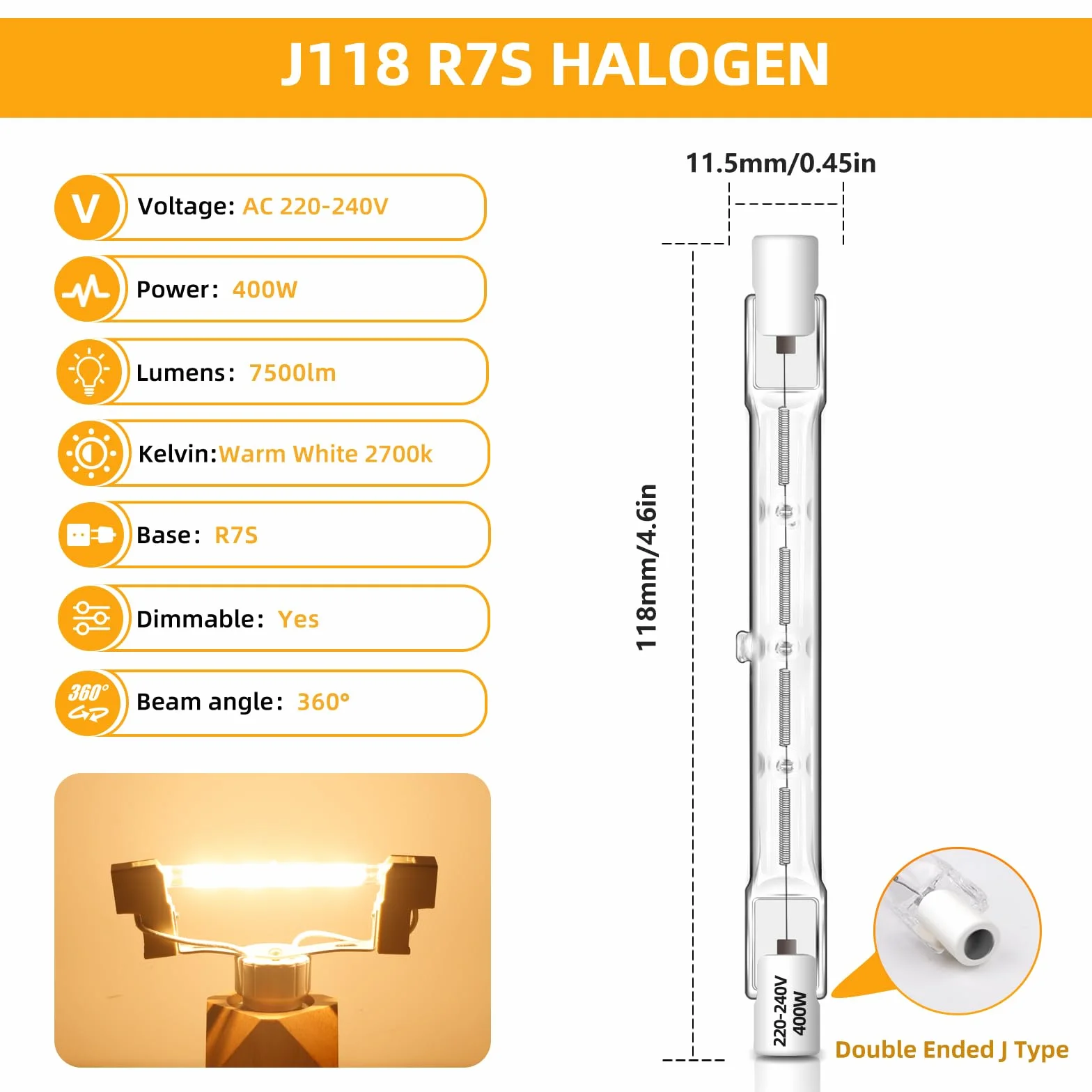 Żarówka halogenowa R7s 118 mm 400 W ściemniana J118 230 V 7500 lm 2700 K ciepła biel