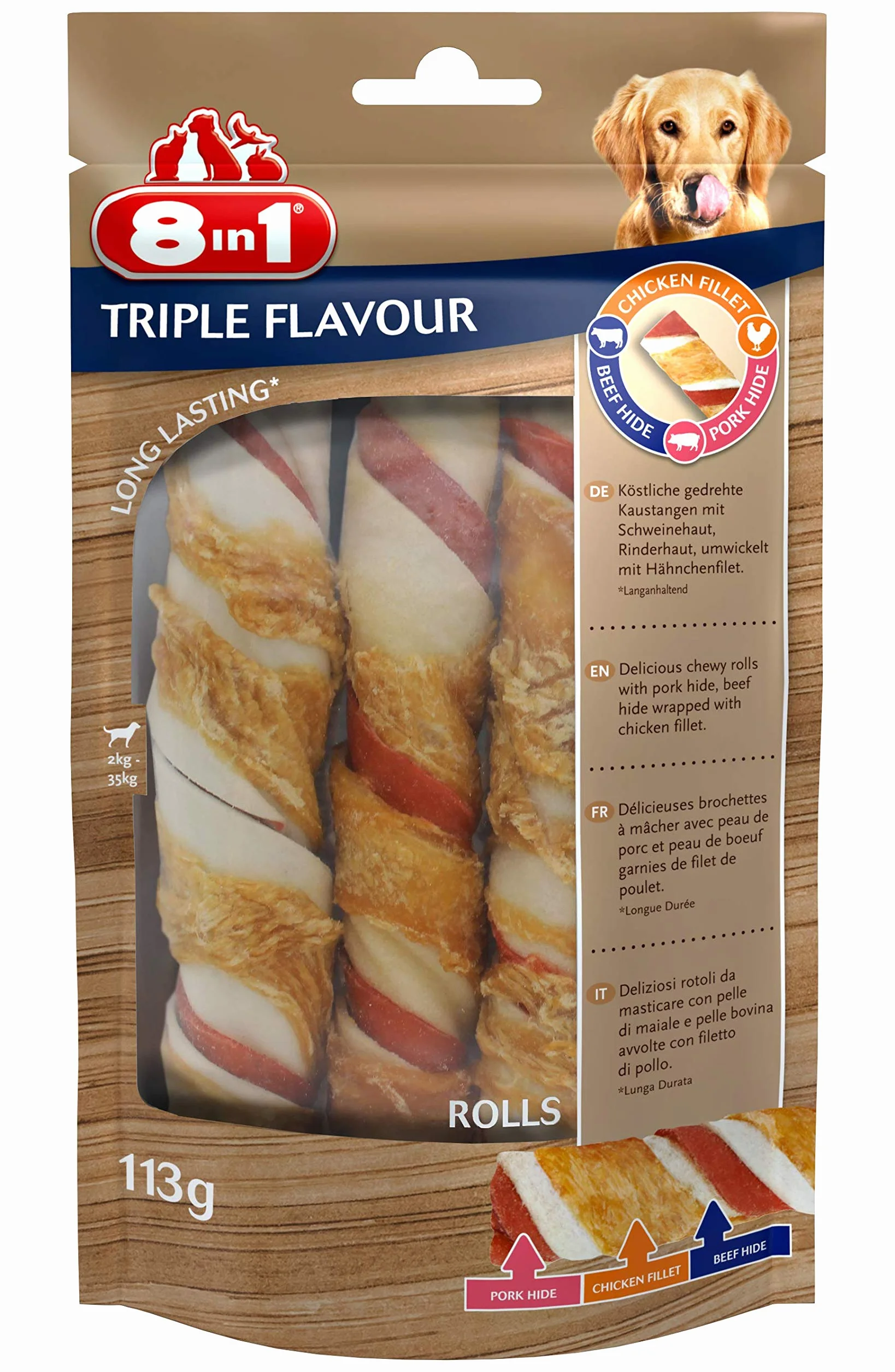 8in1 Triple Flavour Rolls pałeczki do żucia dla psów – przekąski do żucia z bardzo dużą ilością mięsa, worek 113 g (3 sztuki)