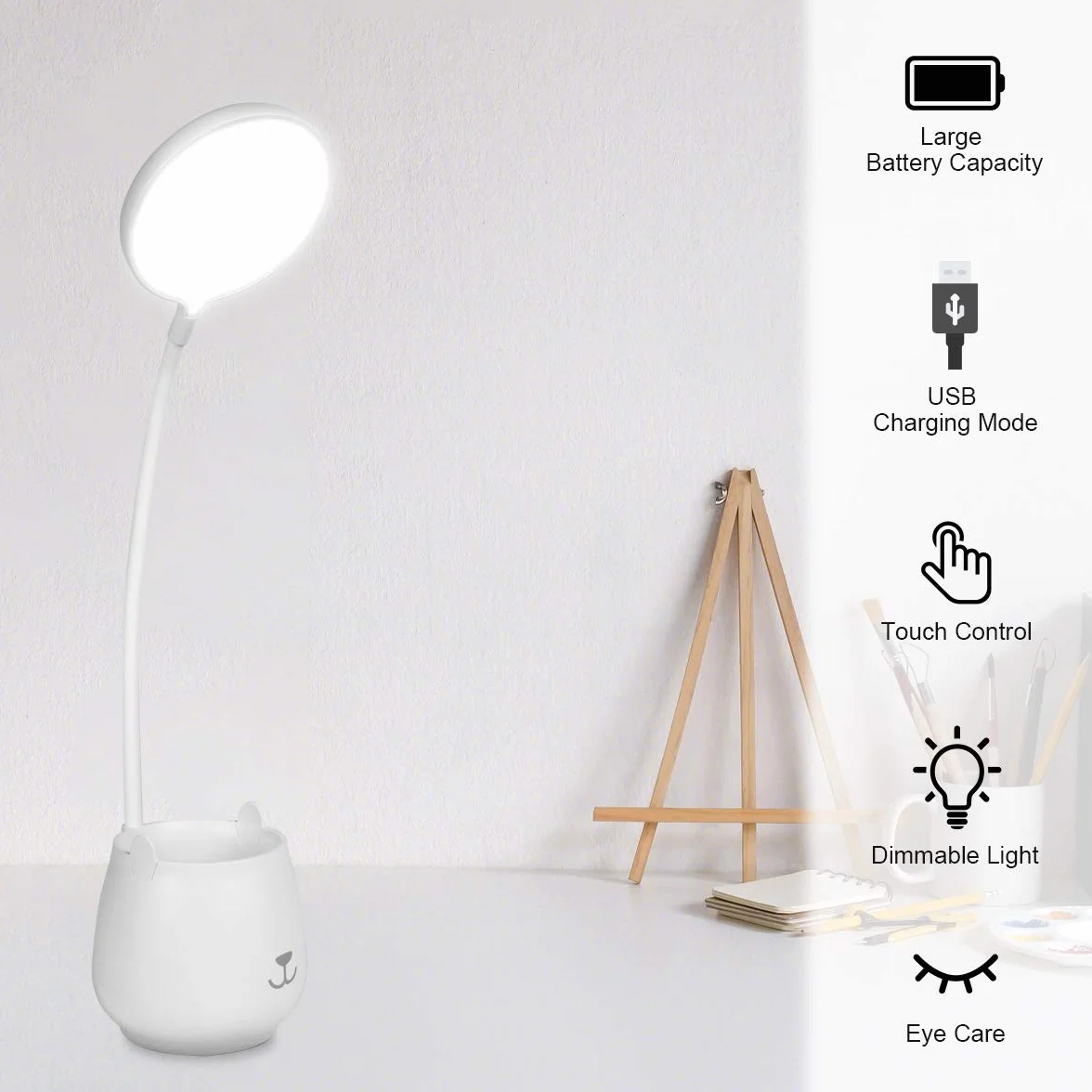URAQT Lampy na Biurko, Lampa Stołowa LED z Pojemnikiem na Długopis, 4 W, elastyczna lampa do czytania, 3 tryby oświetlenia, sterowanie dotykowe, ładowanie USB, ściemniane przyjazne dla oczu lampy biurkowe do pracy i nauki
