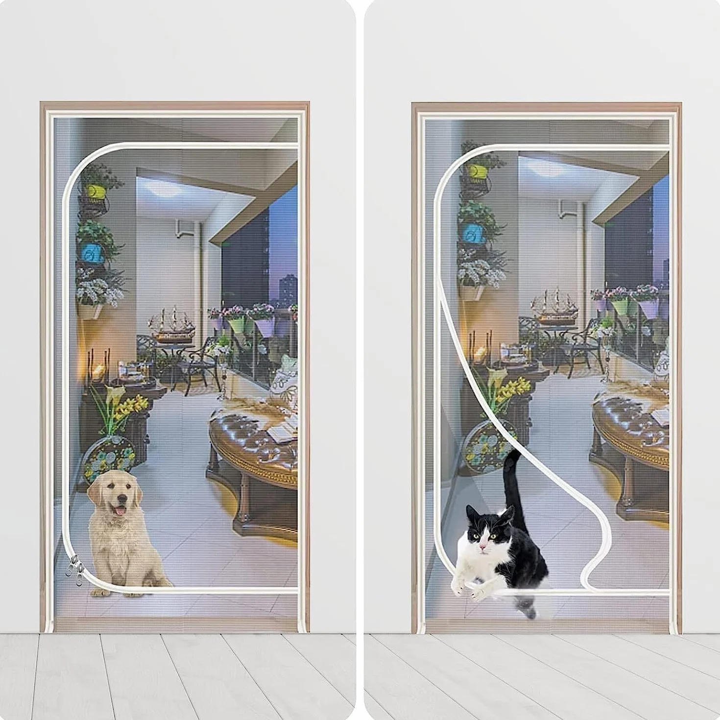 Drzwi z Moskitierą dla Kota i Psa Wymiary 90x210 cm, Zamki Błyskawiczne, Zapobiegają Ucieczce Zwierząt