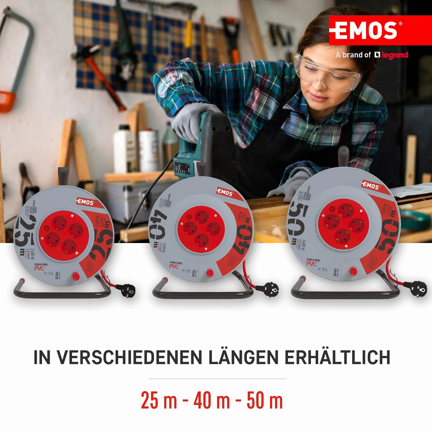 EMOS - Bęben kablowy 50 m – 4 gniazda Schuko – 230 V, 16 A, 3680 W – wysokiej jakości izolacja PCW – H05VV-F3G 1,5 mm² – zabezpieczenie przed przegrzaniem – IP20 do użytku wewnątrz pomieszczeń