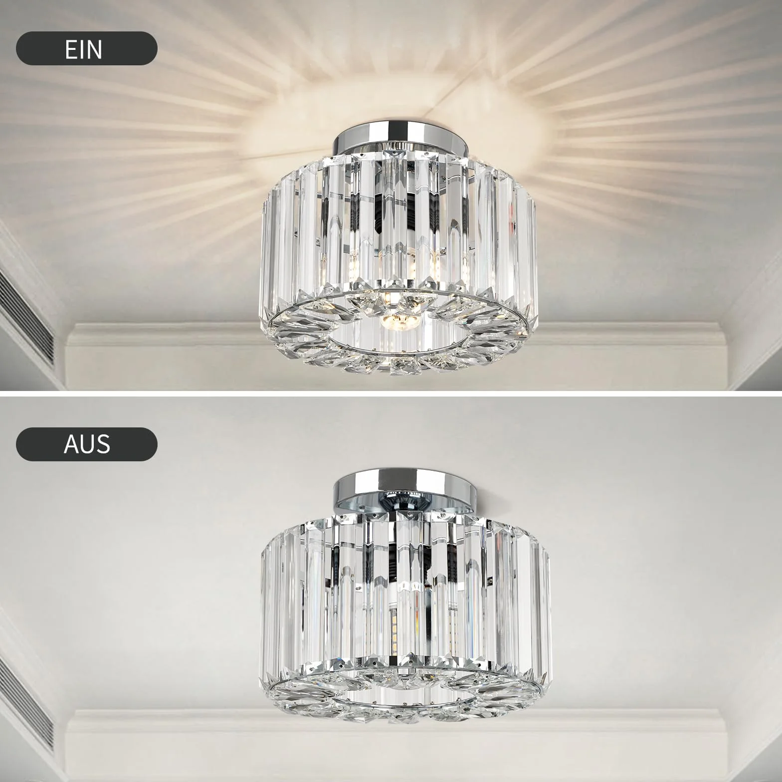 Frideko Home Nowoczesna kryształowa lampa sufitowa – Vintage K9 kryształowy żyrandol, metalowa klatka, abażur z metalu, oprawka E27, lampa sufitowa do kuchni, salonu, sypialni, chrom, Ø 22 cm