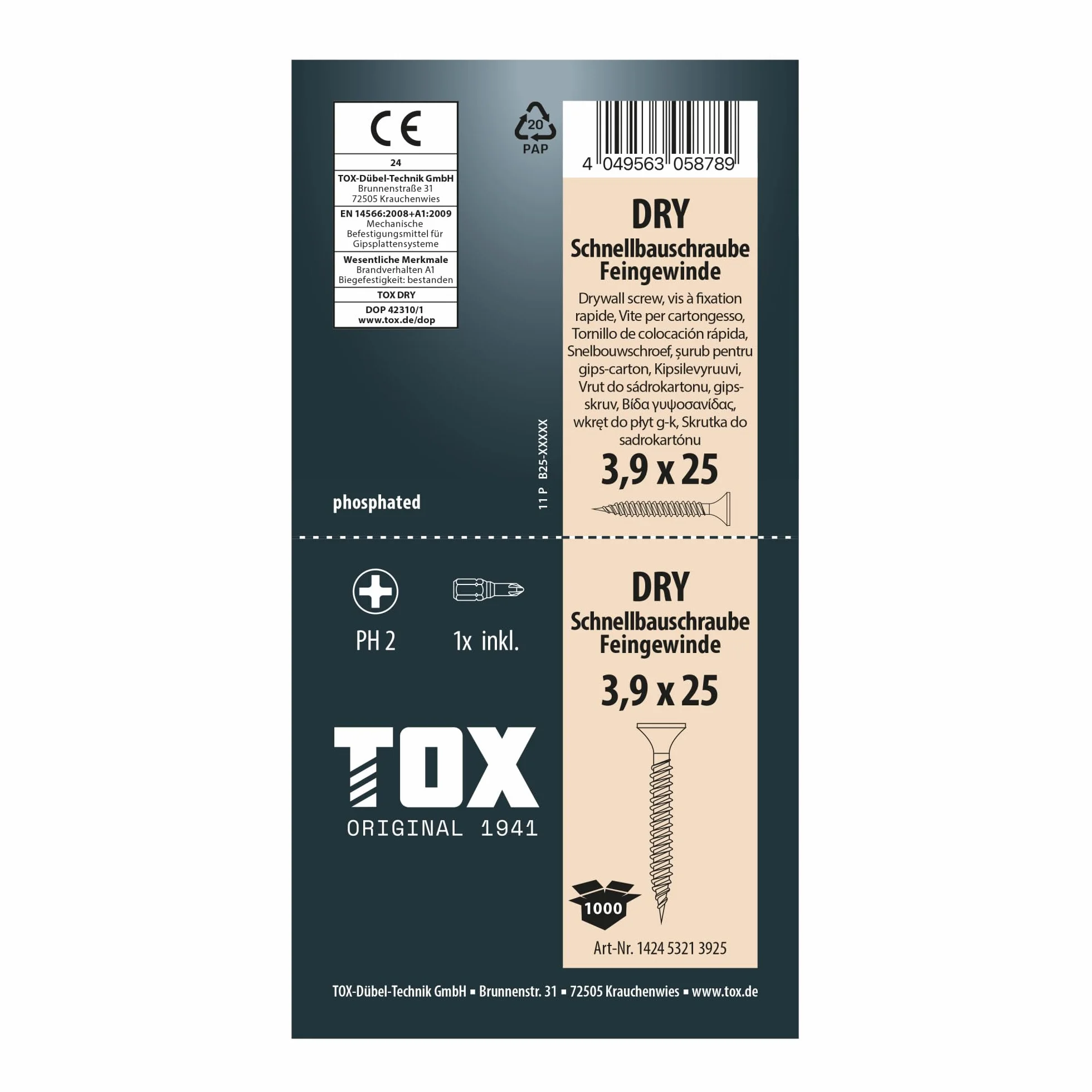 TOX Wkręty do szybkiego montażu DRY FG 3,9 x 25 mm, śruby czarne fosforanowane z głowicą trąbki + drobny gwint, płyta gipsowo-kartonowa na metalowej konstrukcji podłoży, PH2, 1000 sztuk, w zestawie 1