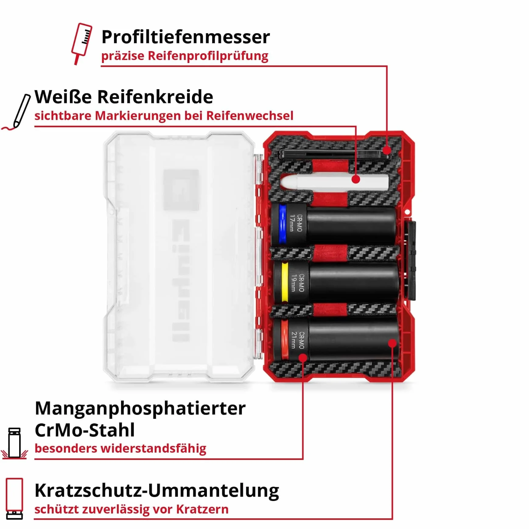 Oryginalny zestaw nasadek udarowych Einhell 5-częściowy (3 x 80 mm, stal CrMo, tuleja z tworzywa sztucznego, miernik głębokości bieżnika, kreda do opon, M-CASE, do felg aluminiowych)