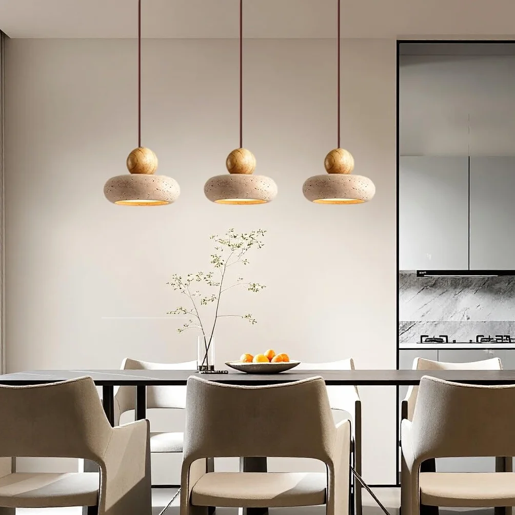 LED Lampa Wisząca do Stołu Jadalnego Naturalny Żółty Trawertyn Lampa Sufitowa Japońska Wabi Sabi Plafoniera Vintage 3 ramienna Lampa do Jadalni Sypialni Wyspy Kuchennej Salonu(B)