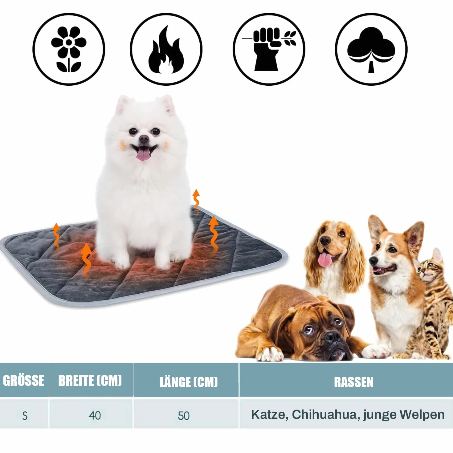 Mata termiczna dla zwierząt, poduszka grzewcza dla małych zwierząt, ciepła kota, kot, kot, szczeniak, na podróż, kemping, 40 x 50 cm, kolor granatowy