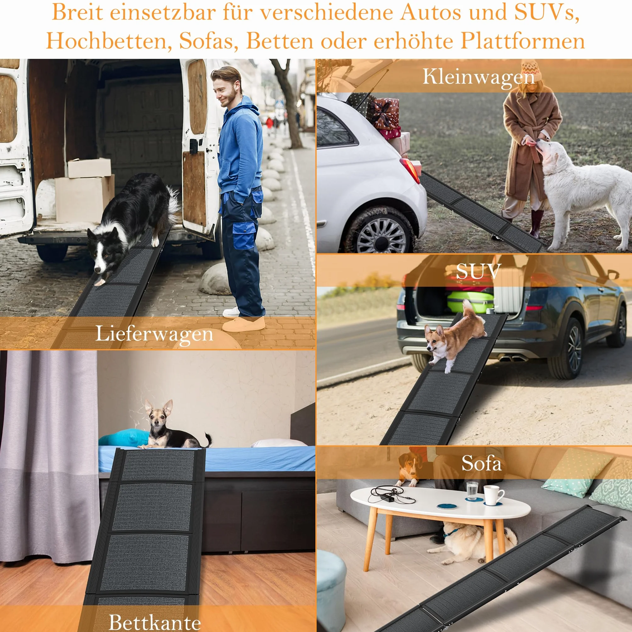XMTECH Składana rampa dla psów, 157 cm, rampa samochodowa dla psów, do bagażnika, do samochodów, ciężarówek i SUV, do 110 kg, lekka, stabilna, antypoślizgowa, czarna