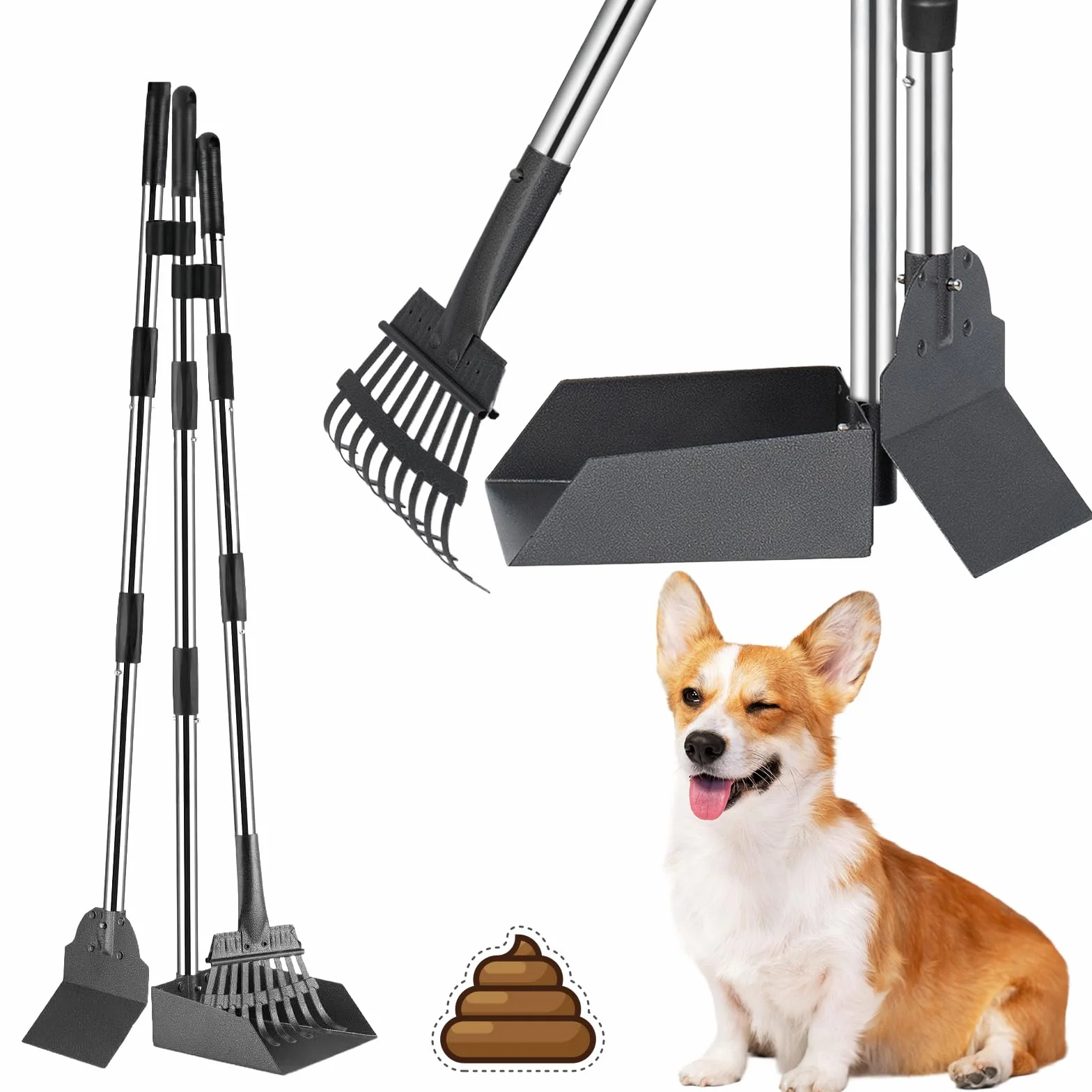 Anluomania 3-pak zbierania odchodów dla psów, zbieracz na odchody dla psów z grabiami, zbieranie odchodów dla psów z regulowanym długim uchwytem 97 cm, Dog Pooper Scooper do trawników, trawy