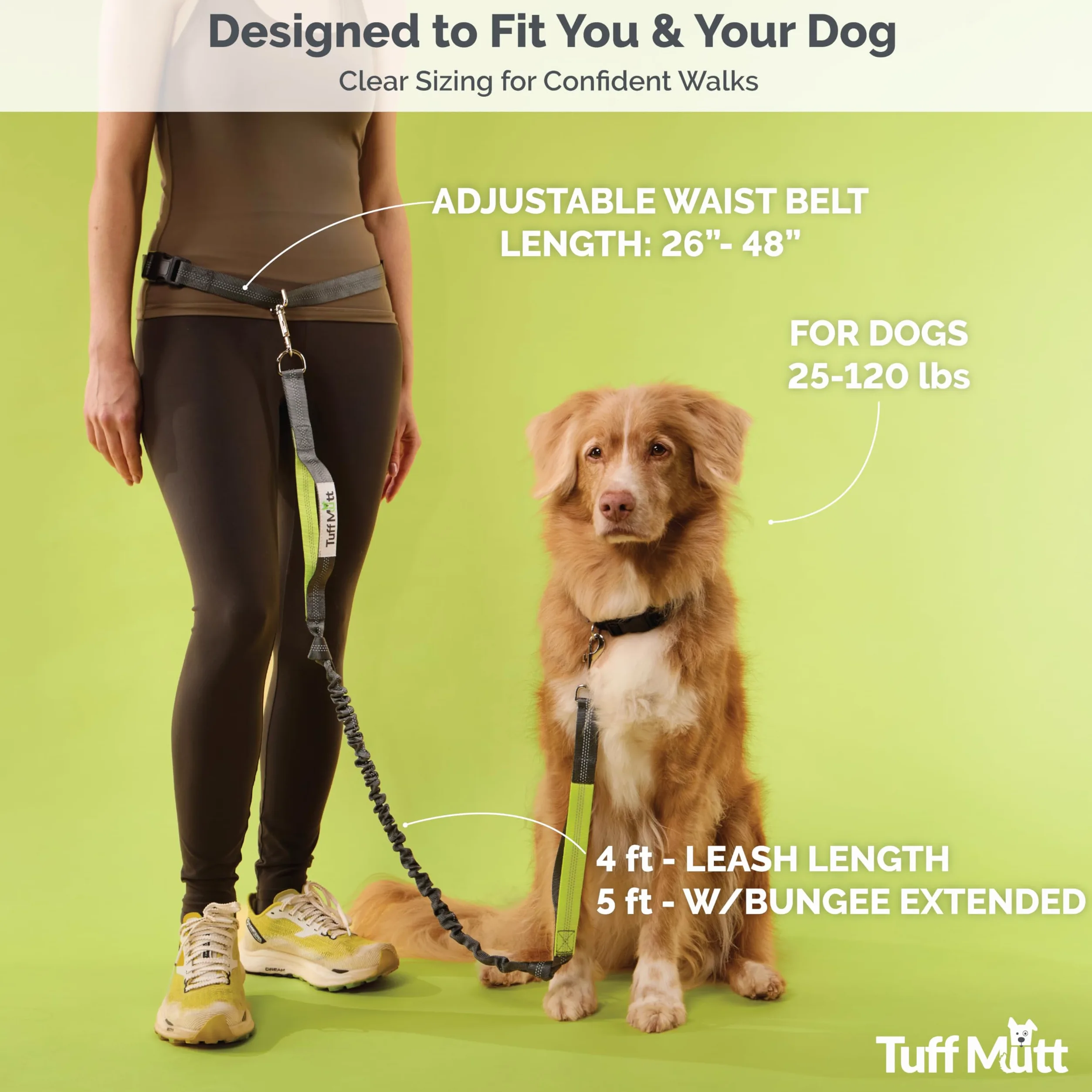 Tuff Mutt Smycz dla psa hands free (bez konieczności używania rąk), smycz do biegania z psami i spacerów, zapinana w talii, z podwójnym uchwytem i elastyczną linką, typu bungee, z odblaskowymi szwami