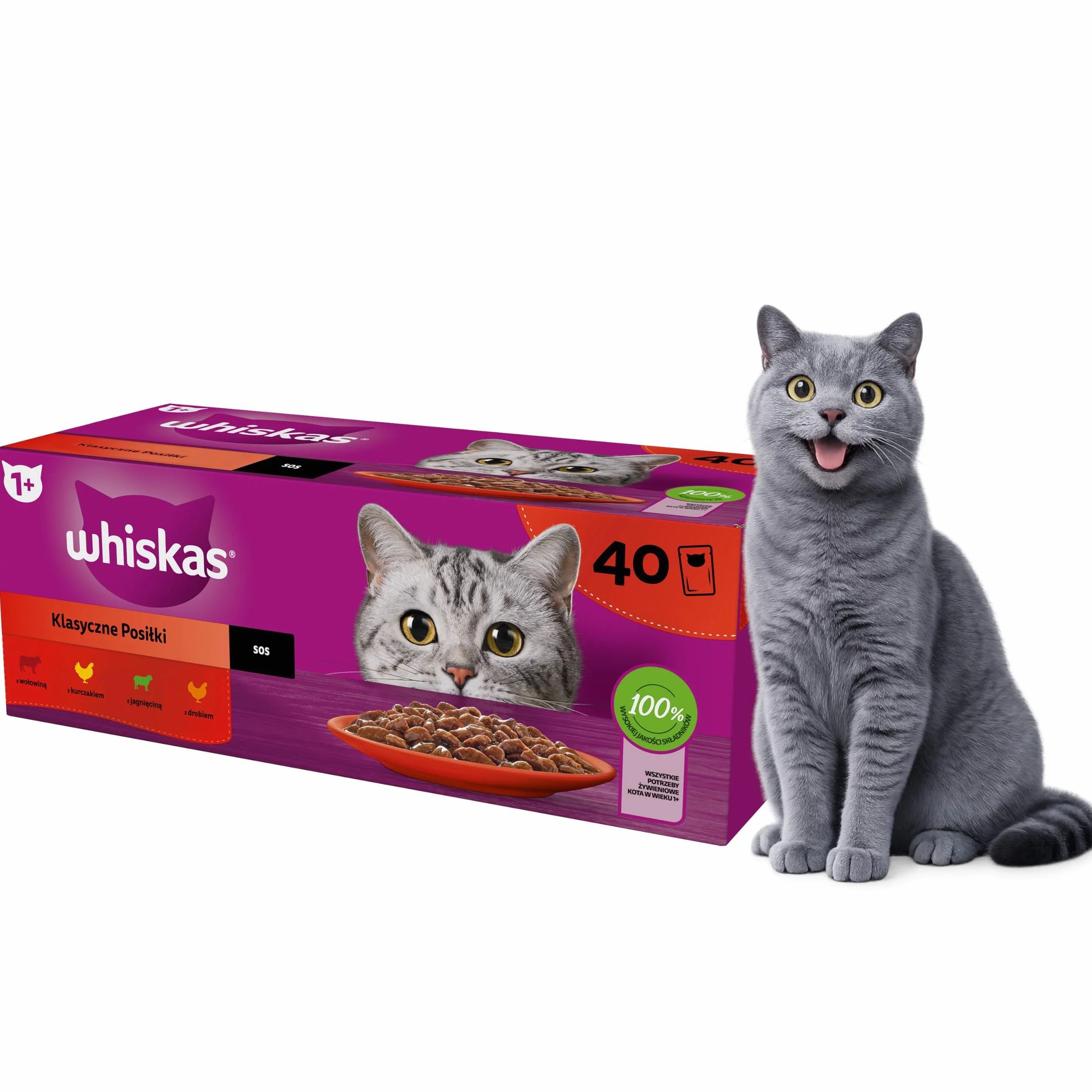 WHISKAS MOKRA KARMA DLA KOTA WOŁOWINA KURCZAK JAGNIĘCINA DRÓB W SOSIE SASZETKI 40X85 G